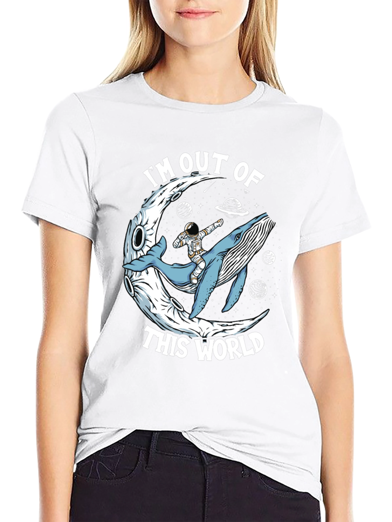 Out of This World Graphic Tee - Astronaut Whale Moon Design