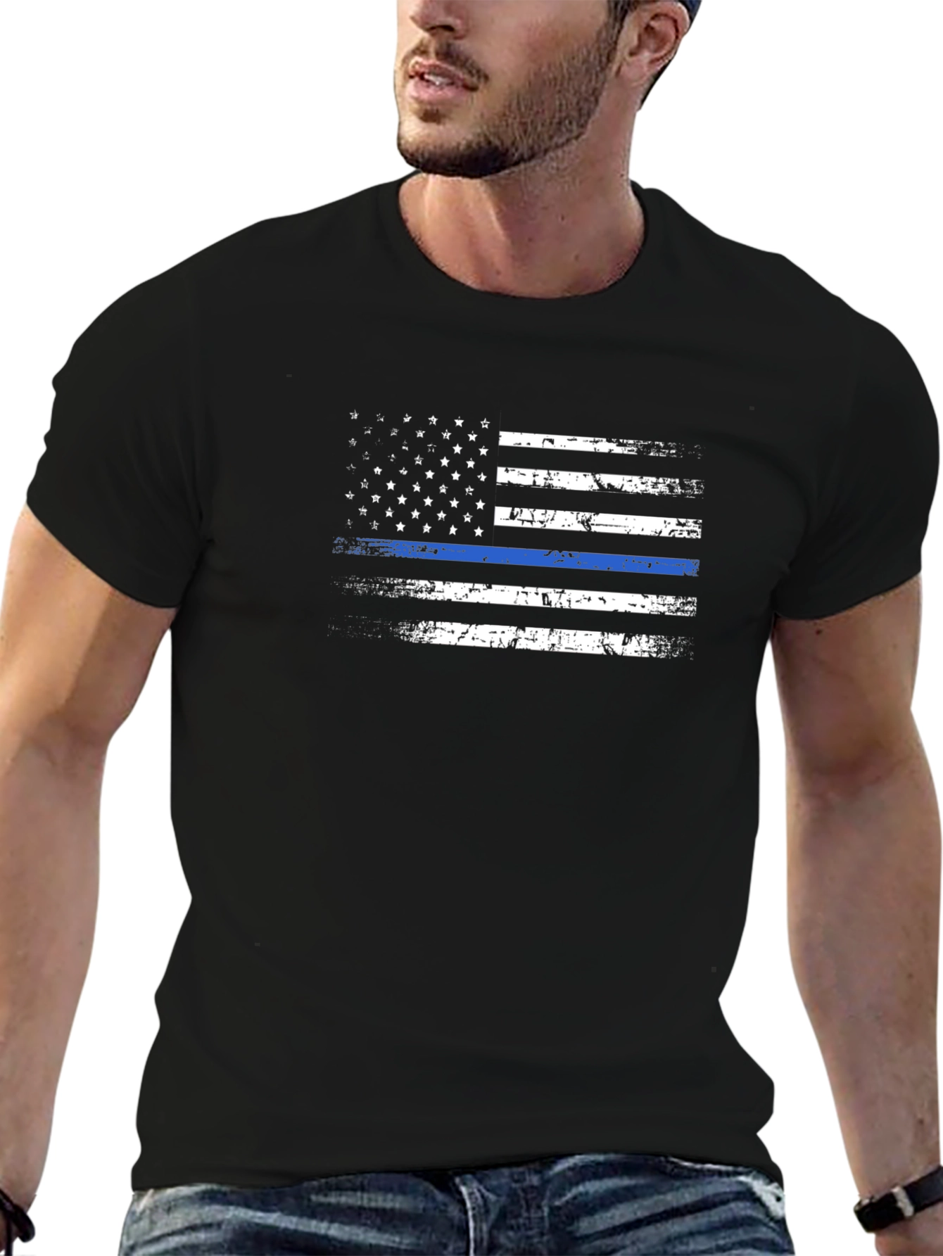 Distressed Thin Blue Line American Flag Graphic Tee