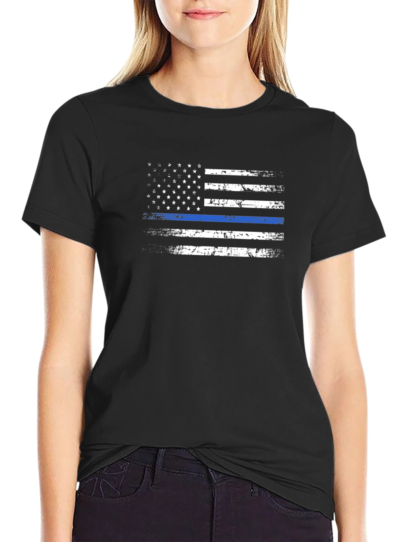 Distressed Thin Blue Line American Flag Graphic Tee