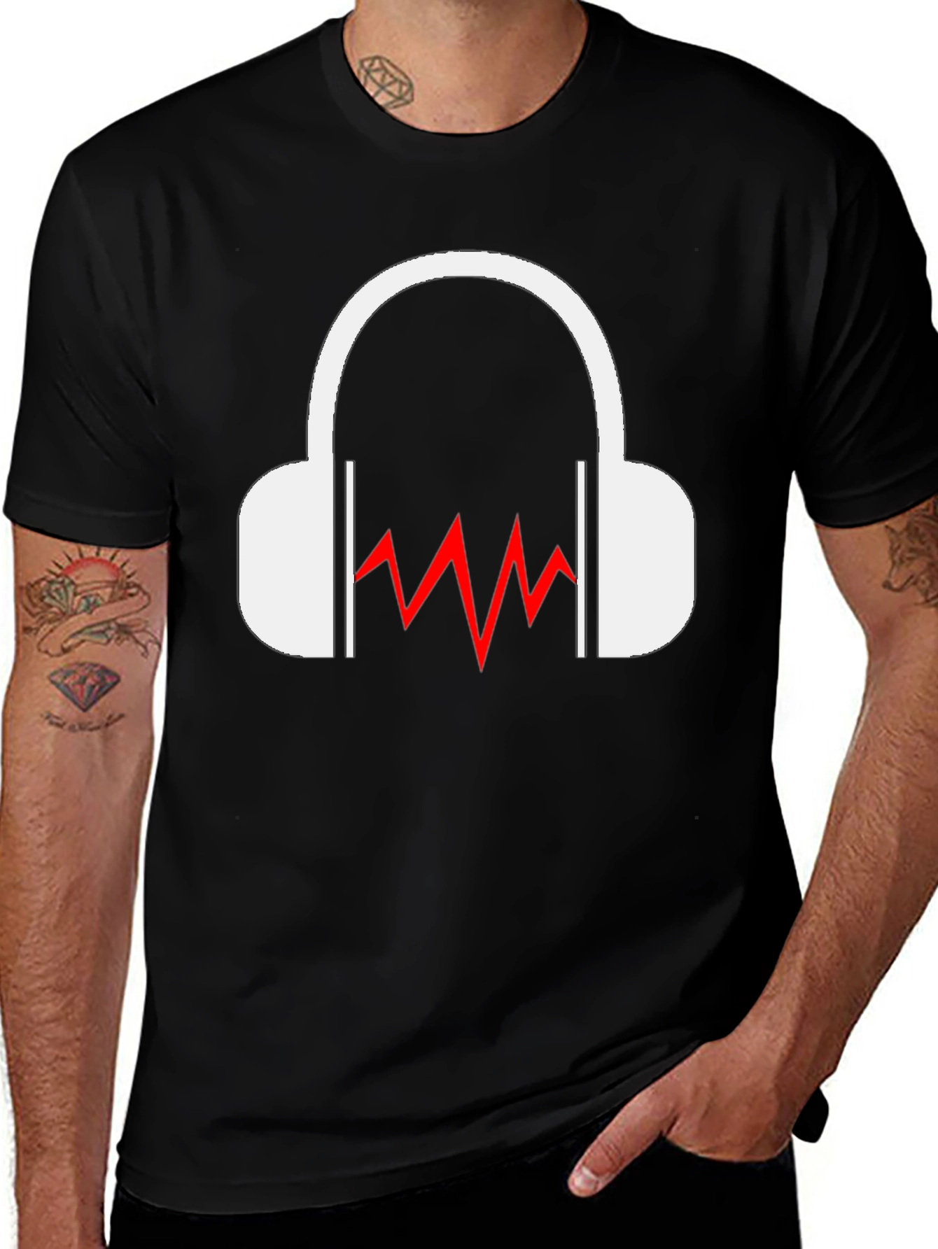 Cool Black T-Shirt - Headphones & Sound Wave Graphic