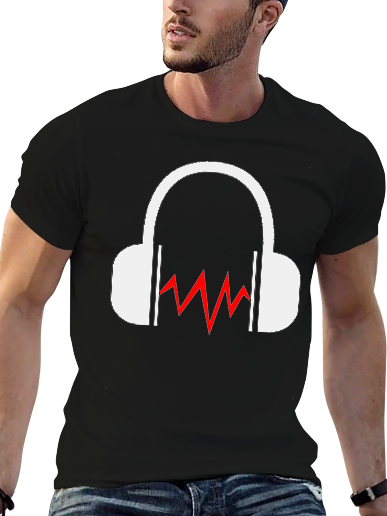 Cool Black T-Shirt - Headphones & Sound Wave Graphic