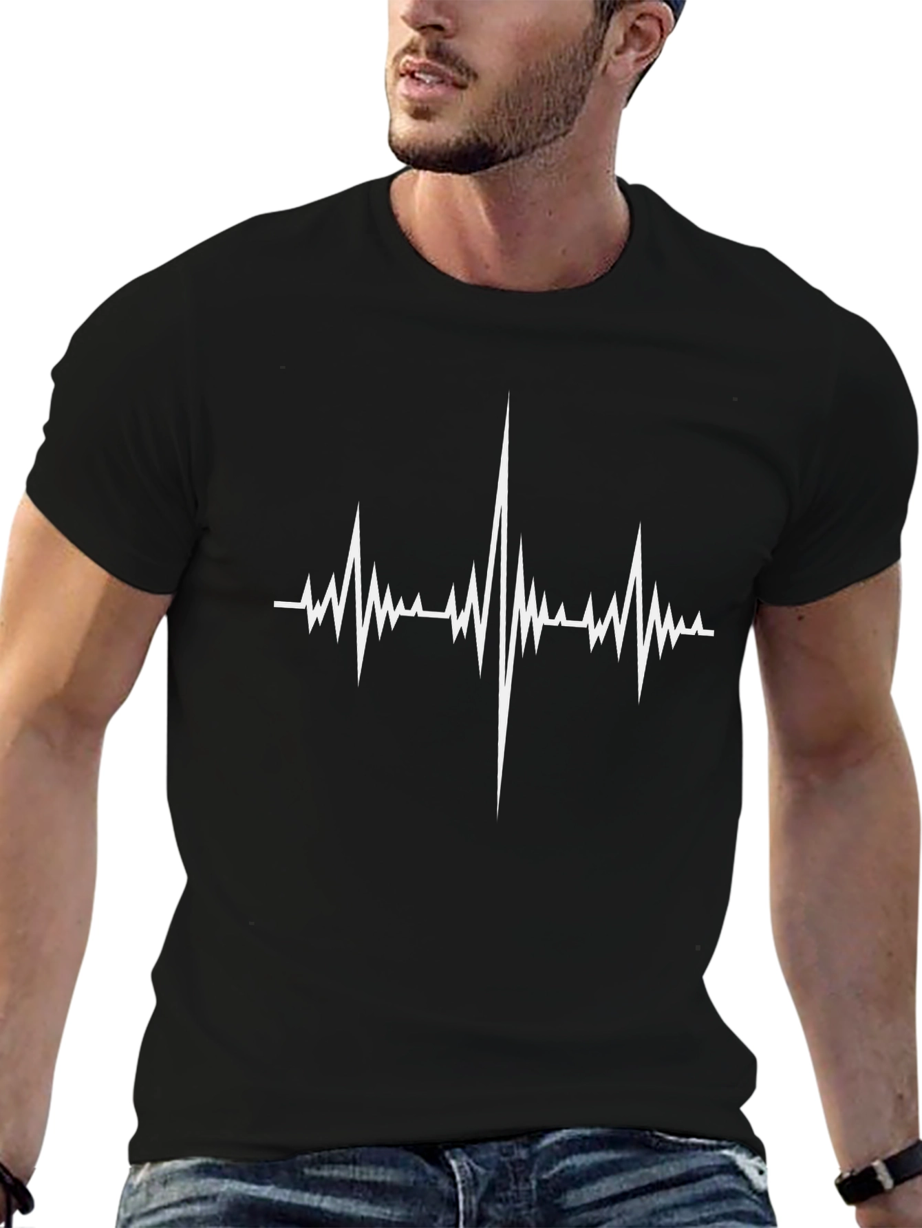 Black T-Shirt with White Heartbeat Graphic