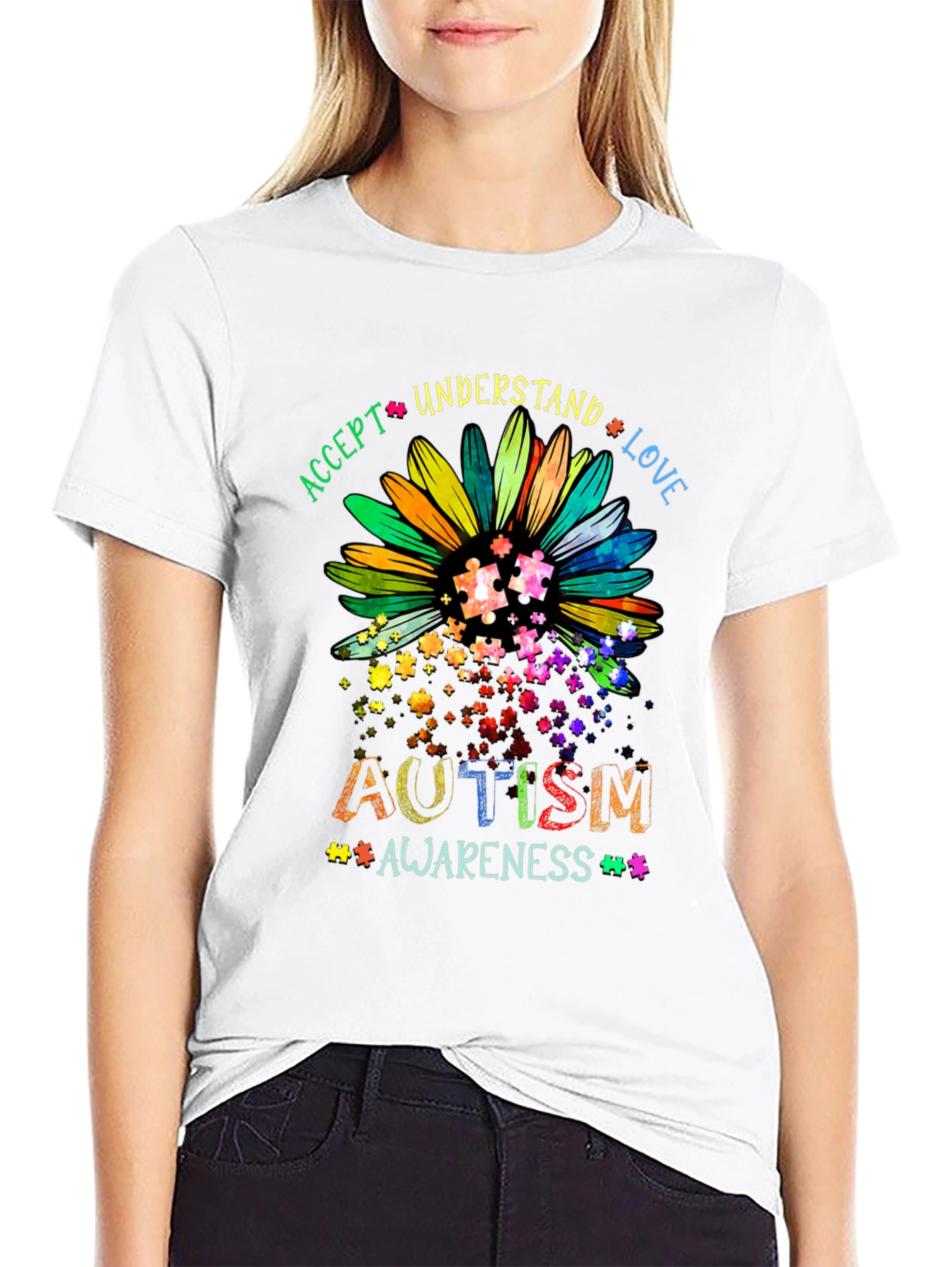 Autism Awareness T-Shirt - Accept Understand Love Design