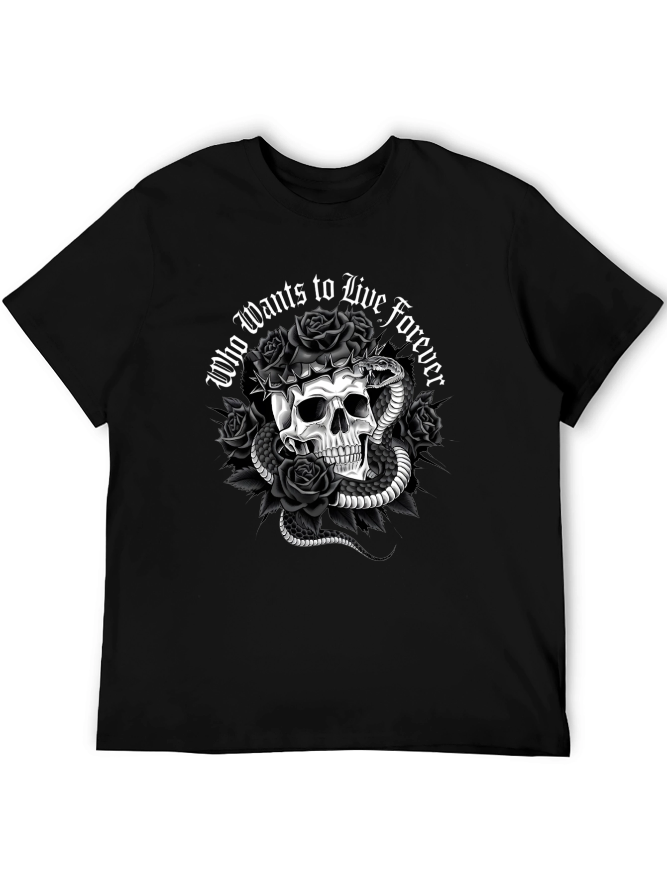 Gothic Skull & Snake Graphic Tee - Who Wants to Live Forever T-Shirt