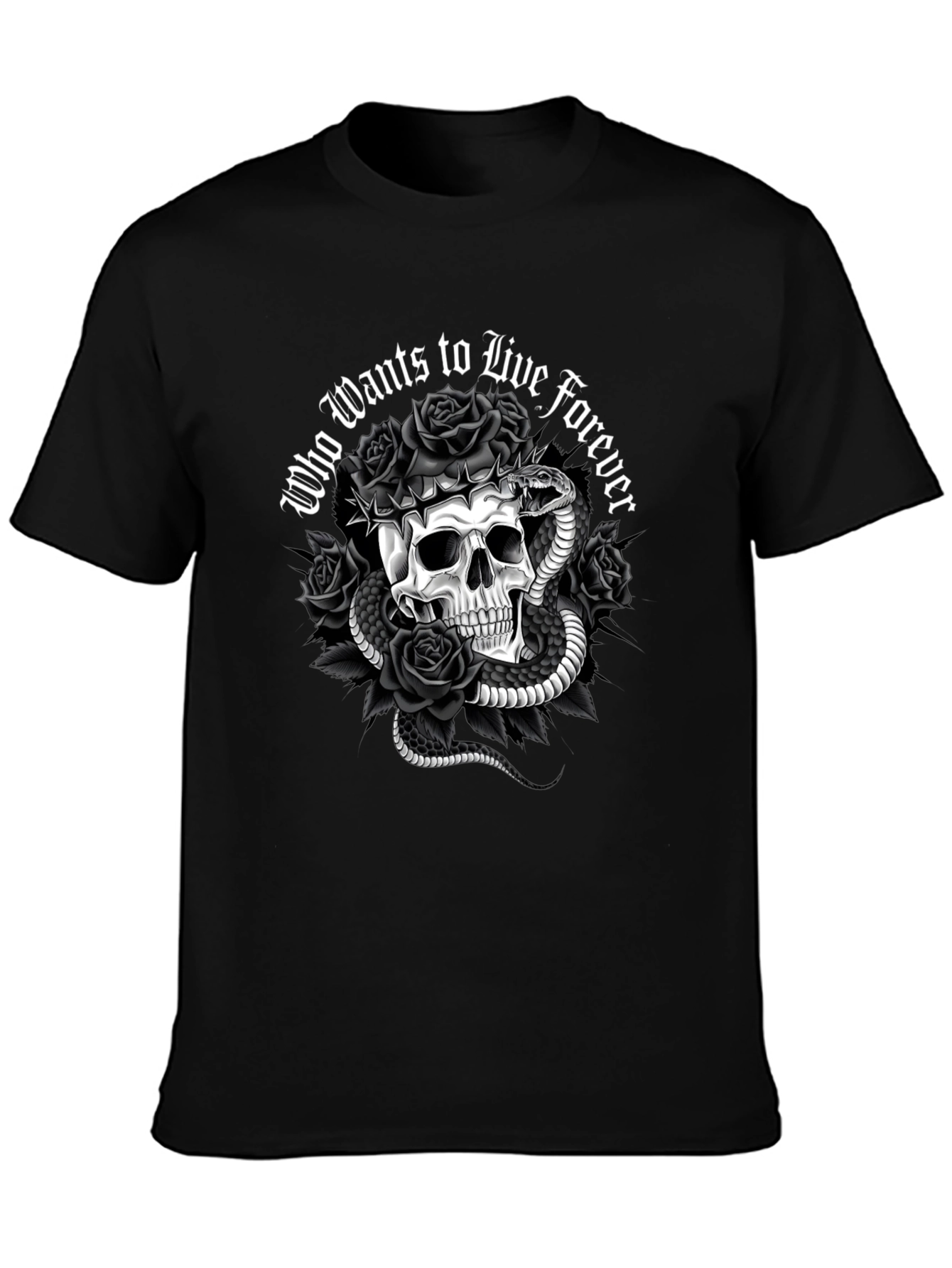 Gothic Skull & Snake Graphic Tee - Who Wants to Live Forever T-Shirt