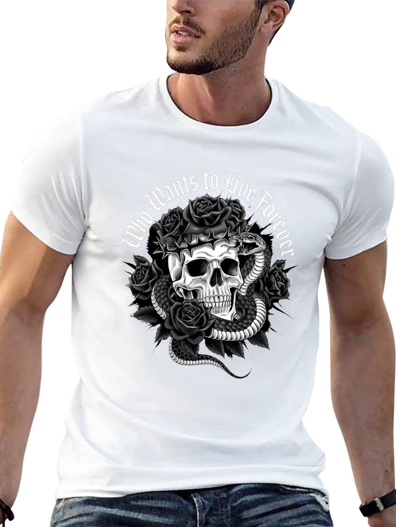 Gothic Skull & Snake Graphic Tee - Who Wants to Live Forever T-Shirt