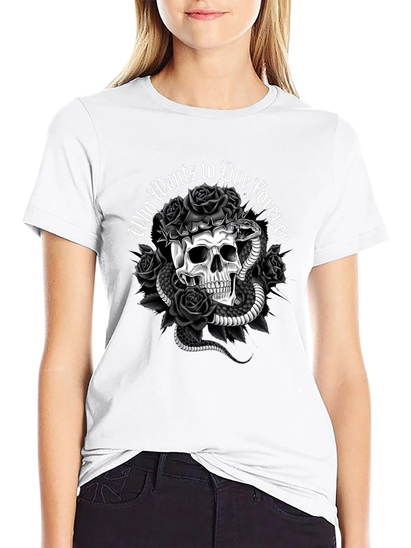 Gothic Skull & Snake Graphic Tee - Who Wants to Live Forever T-Shirt