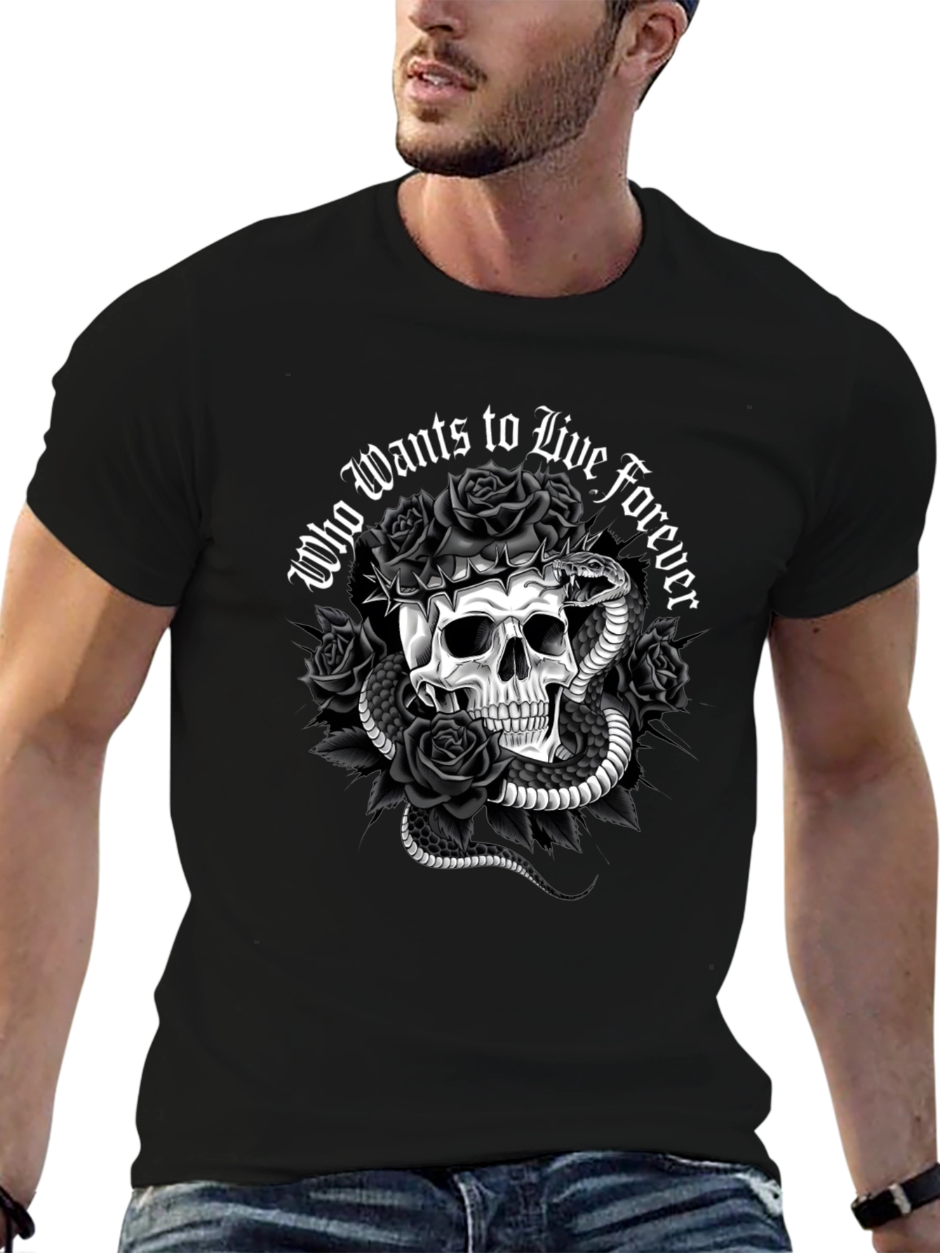Gothic Skull & Snake Graphic Tee - Who Wants to Live Forever T-Shirt
