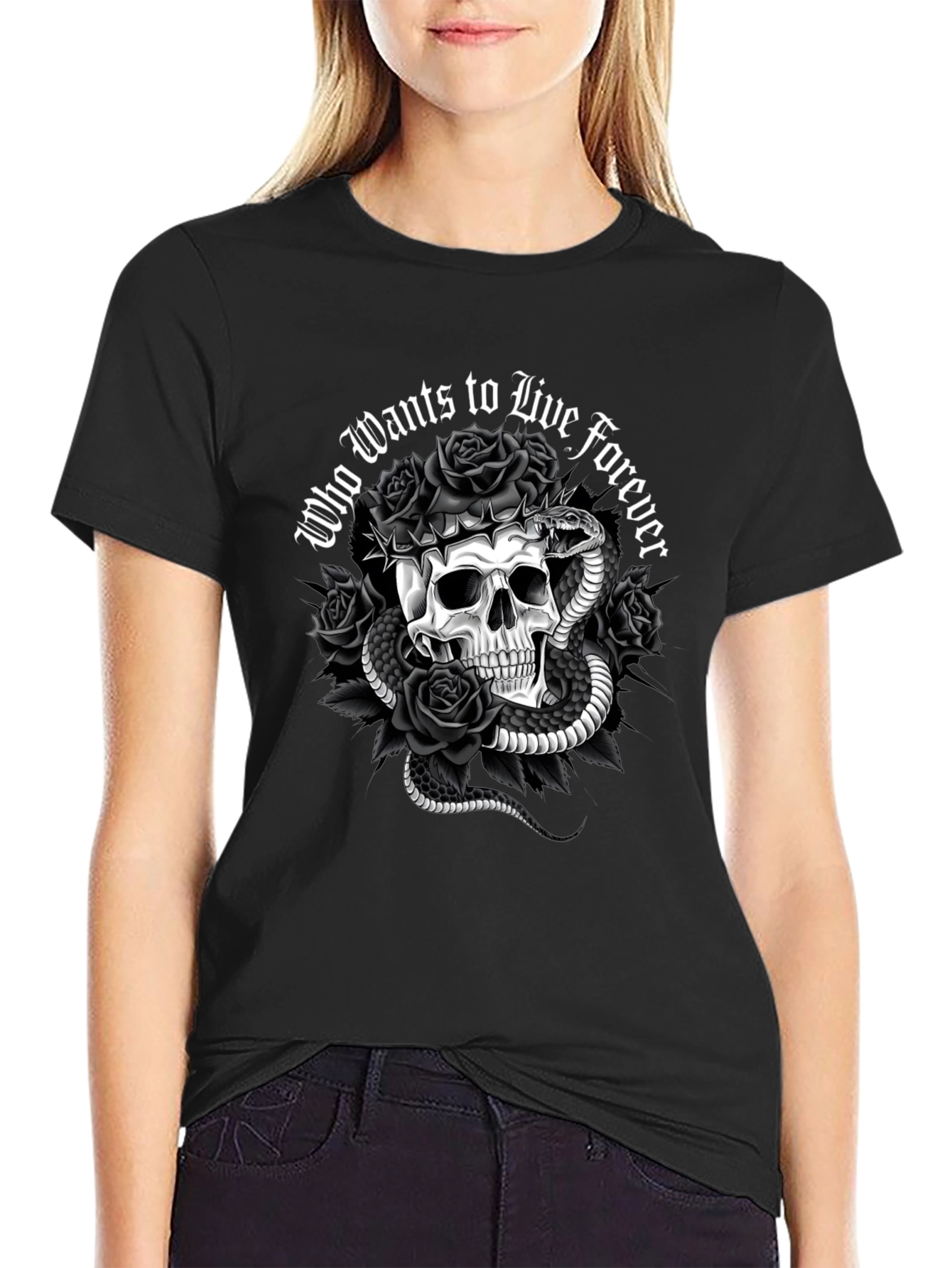 Gothic Skull & Snake Graphic Tee - Who Wants to Live Forever T-Shirt