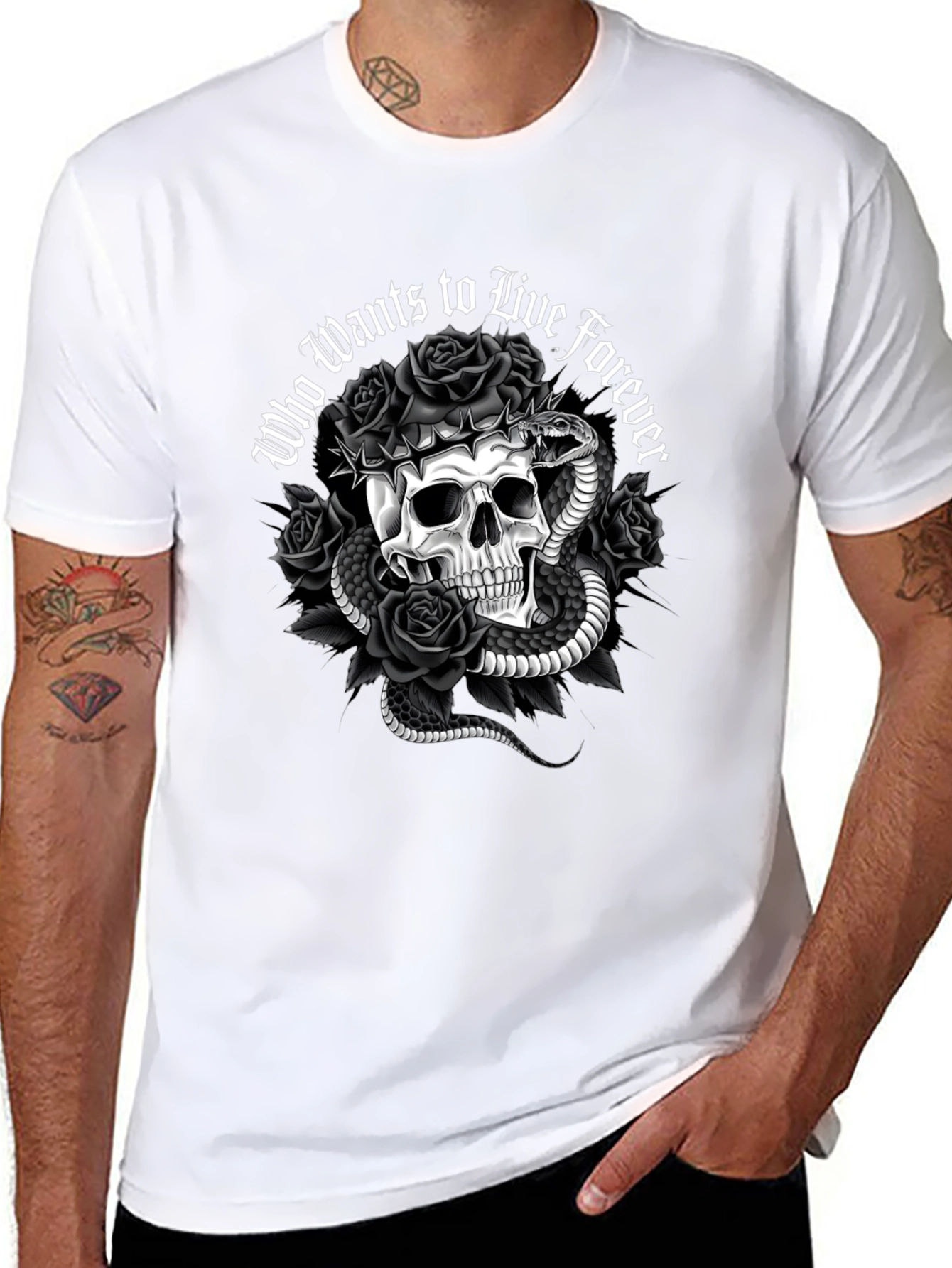 Gothic Skull & Snake Graphic Tee - Who Wants to Live Forever T-Shirt