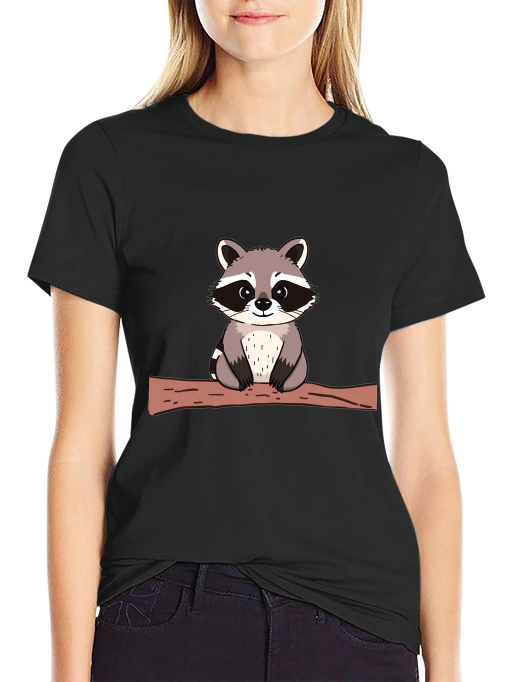 Cute Raccoon on Branch Black T-Shirt