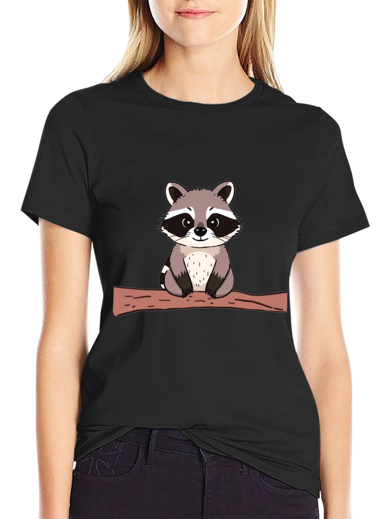 Cute Raccoon on Branch Black T-Shirt