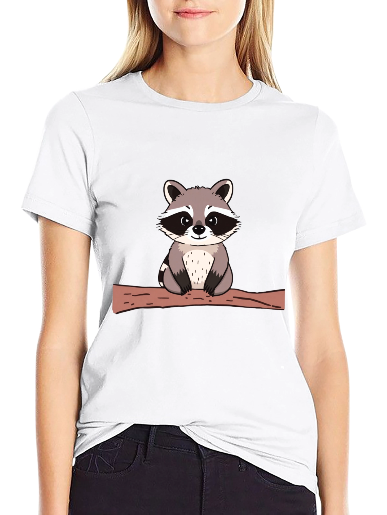 Cute Raccoon on Branch Black T-Shirt