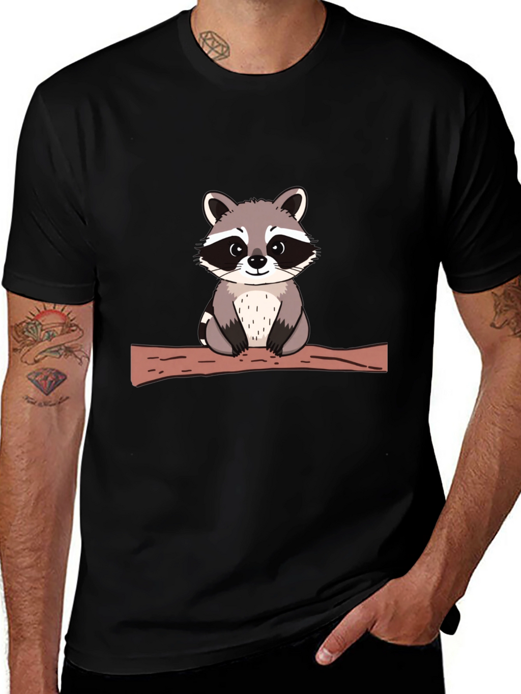 Cute Raccoon on Branch Black T-Shirt