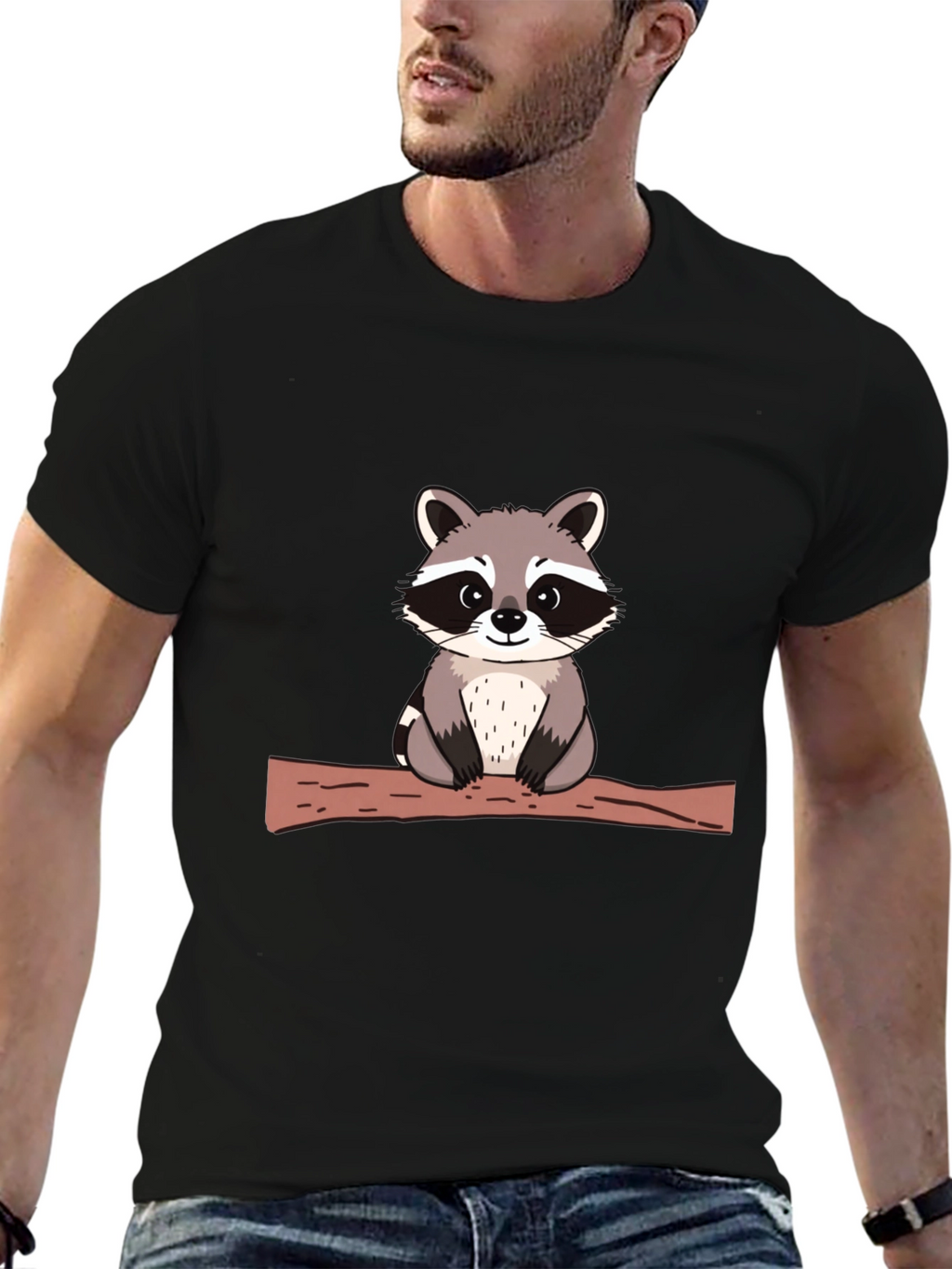 Cute Raccoon on Branch Black T-Shirt