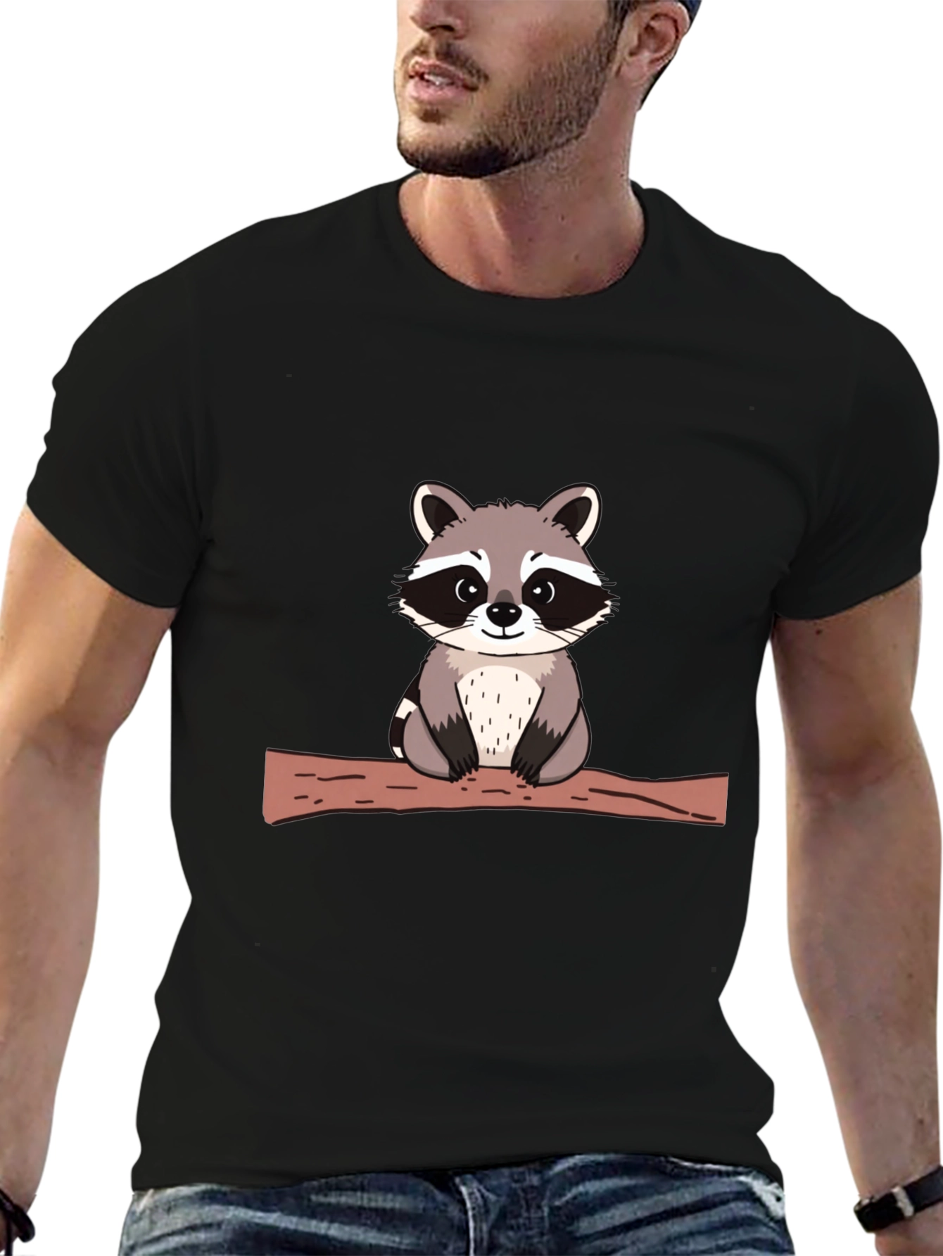 Cute Raccoon on Branch Black T-Shirt