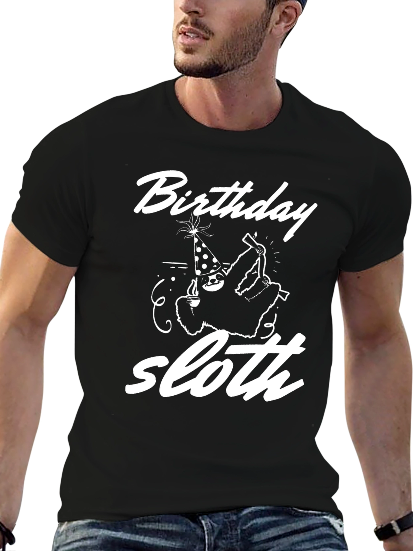 Birthday Sloth Graphic Tee - Black Cotton T-Shirt