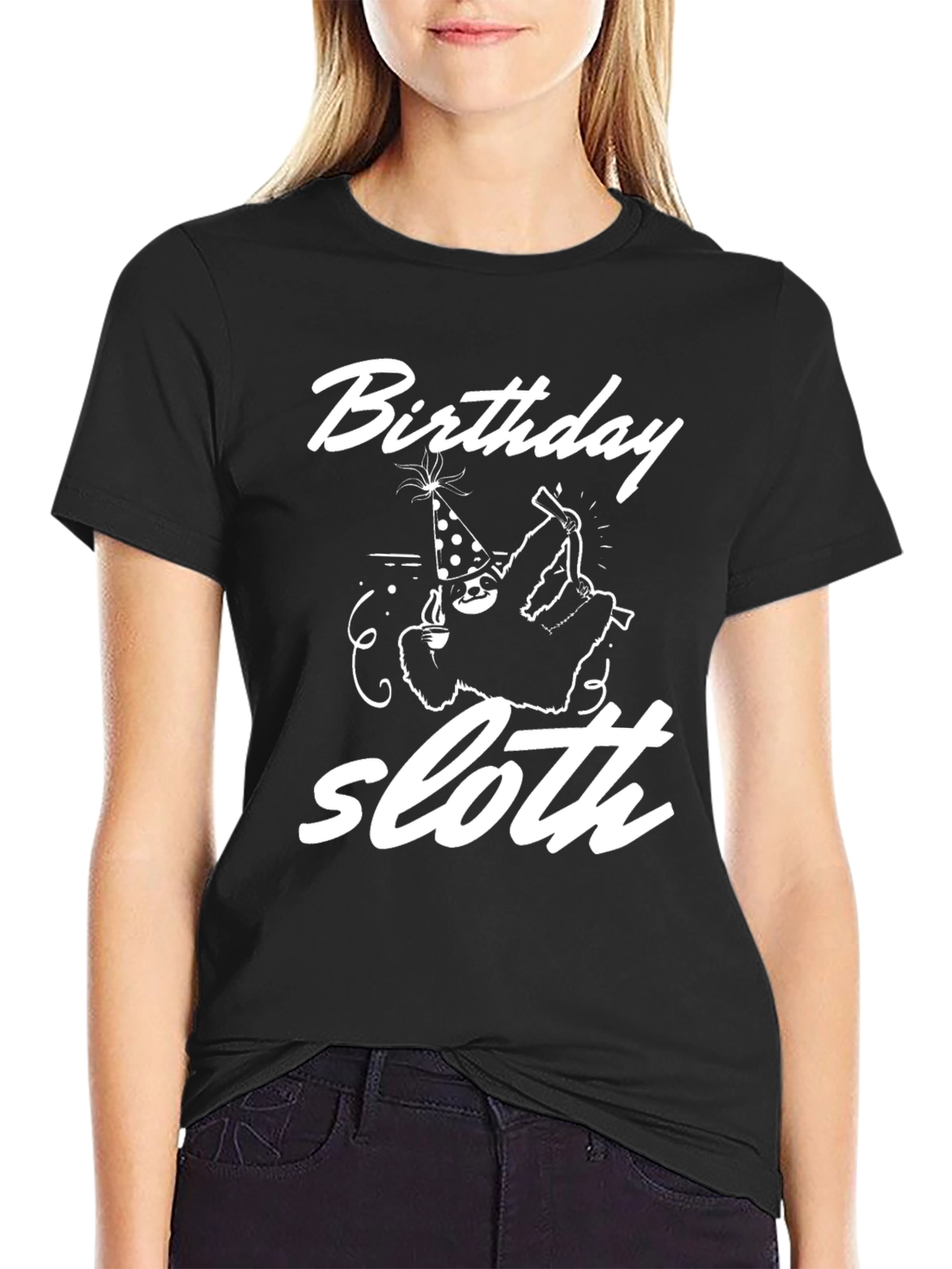 Birthday Sloth Graphic Tee - Black Cotton T-Shirt
