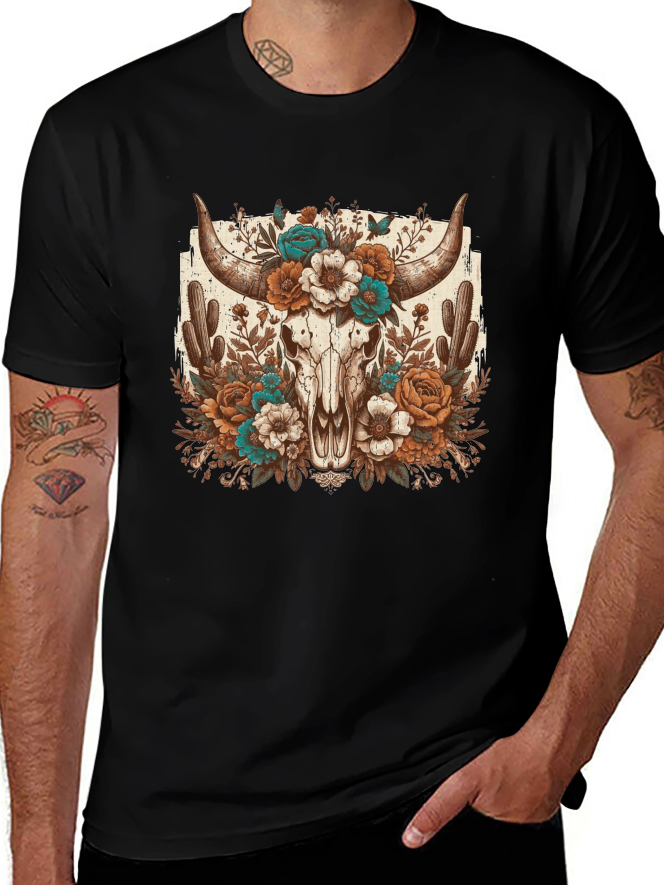 Floral Bull Skull Graphic Tee - Western Style