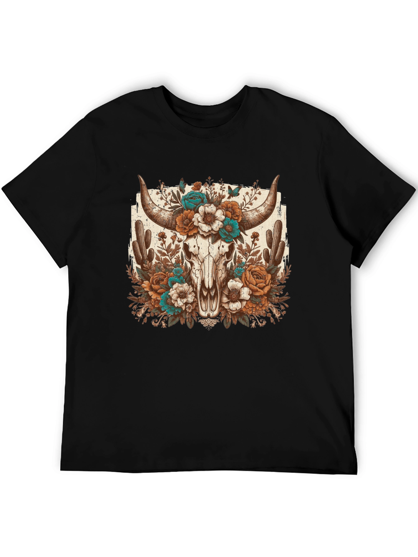 Floral Bull Skull Graphic Tee - Western Style