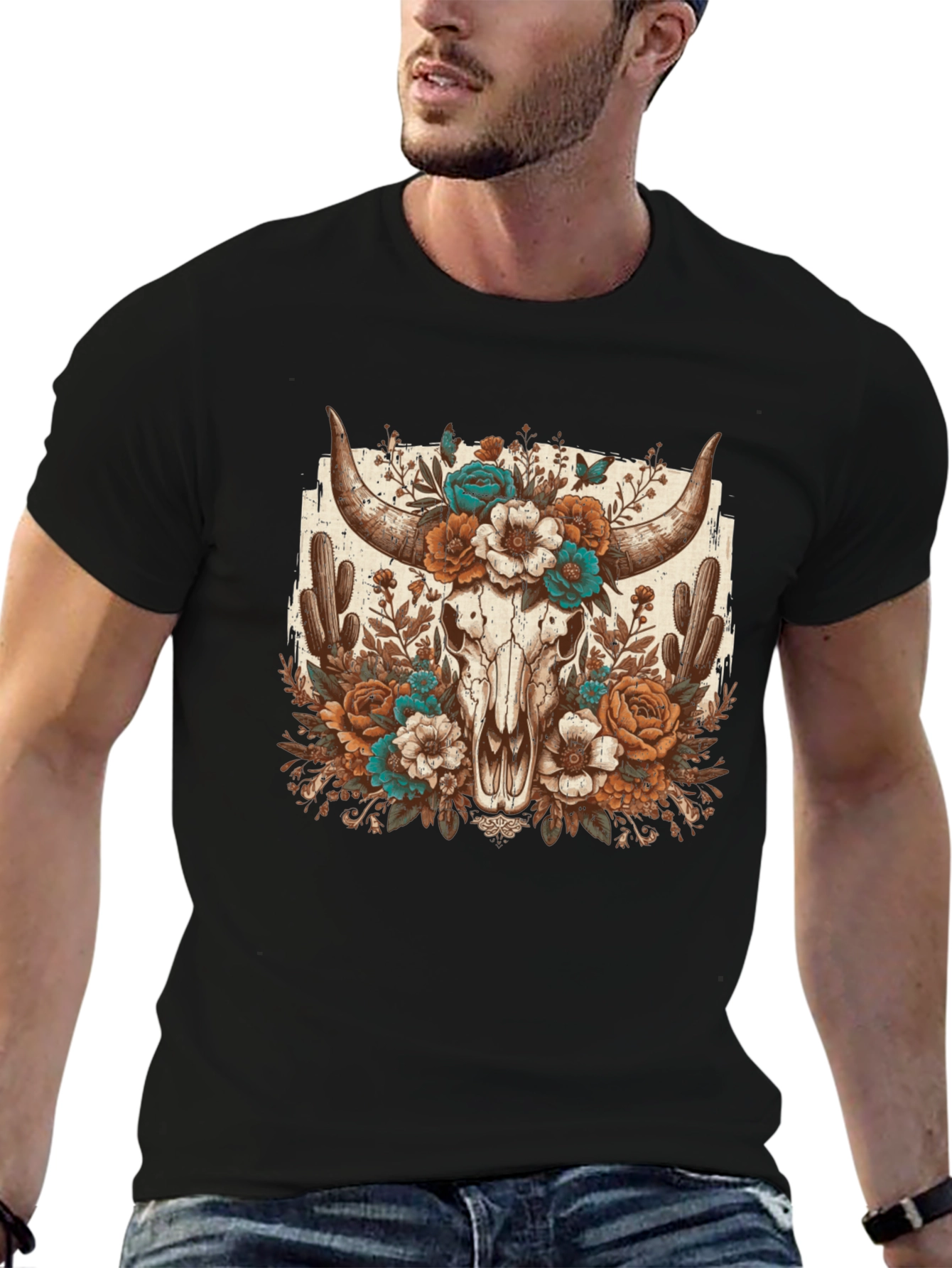 Floral Bull Skull Graphic Tee - Western Style