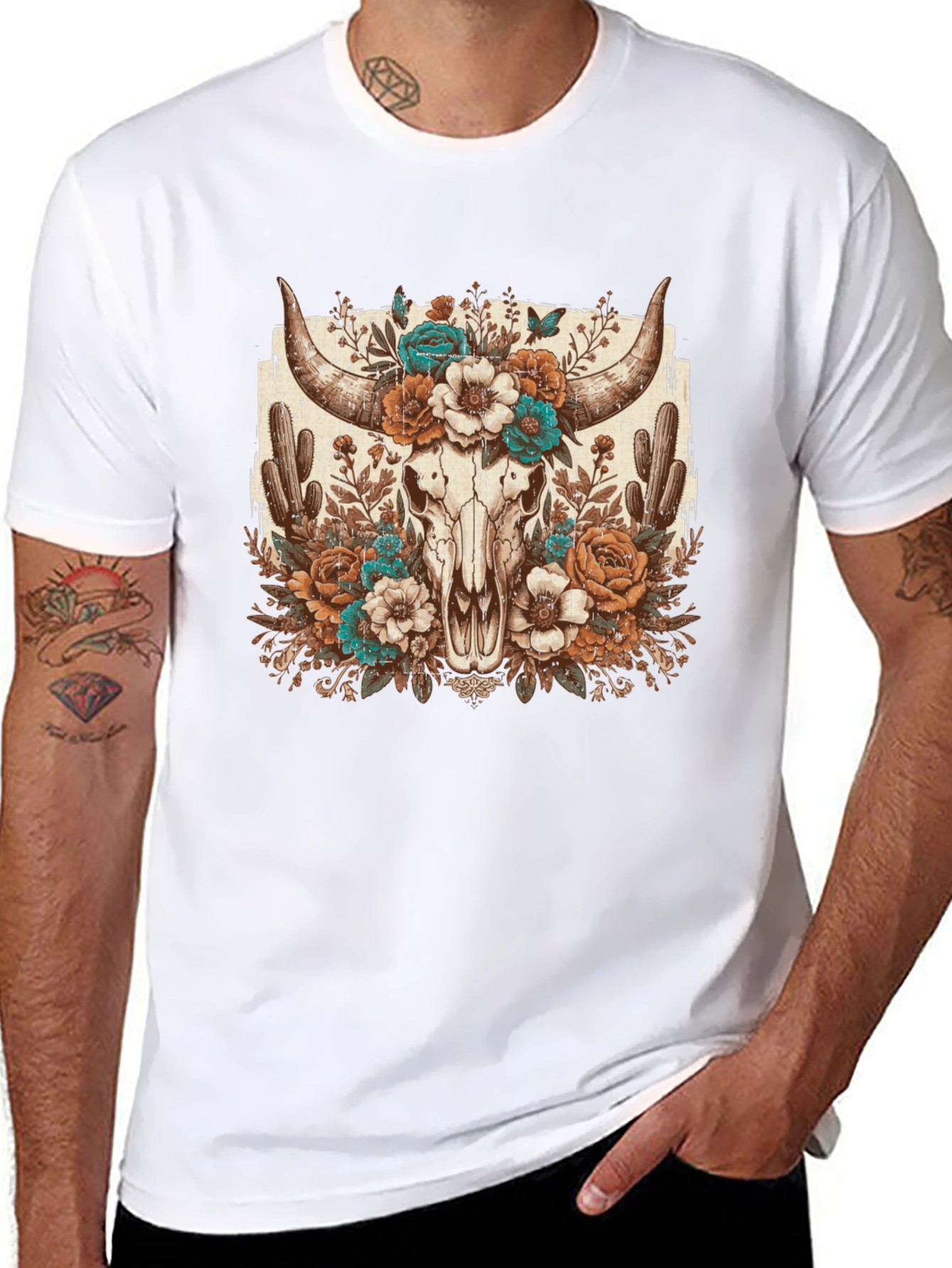Floral Bull Skull Graphic Tee - Western Style