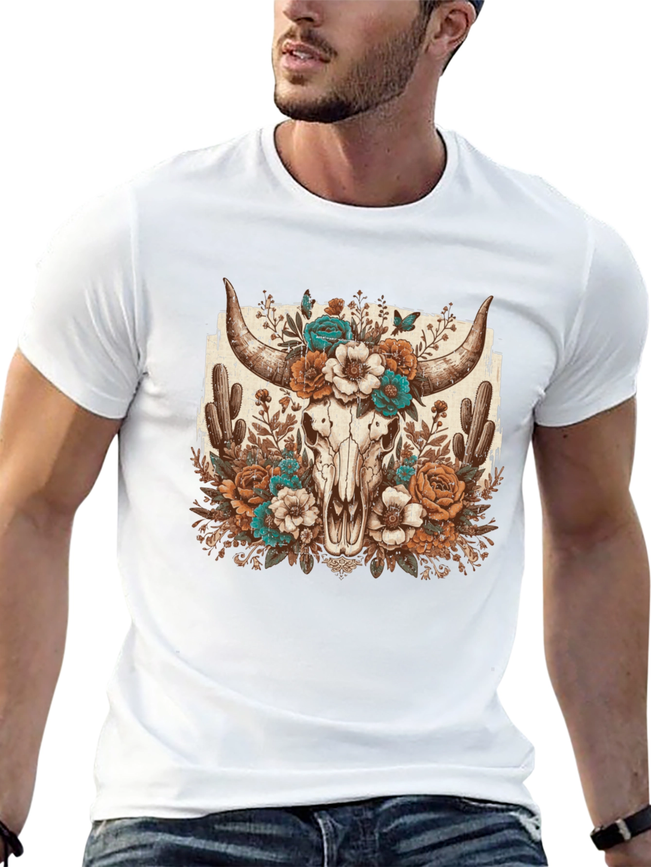 Floral Bull Skull Graphic Tee - Western Style