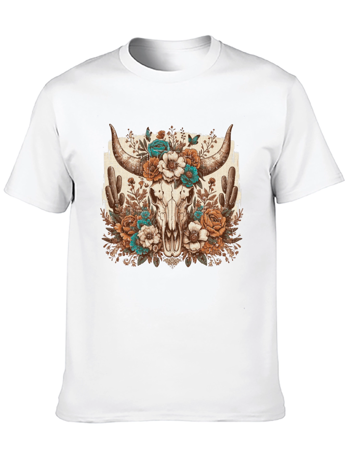 Floral Bull Skull Graphic Tee - Western Style
