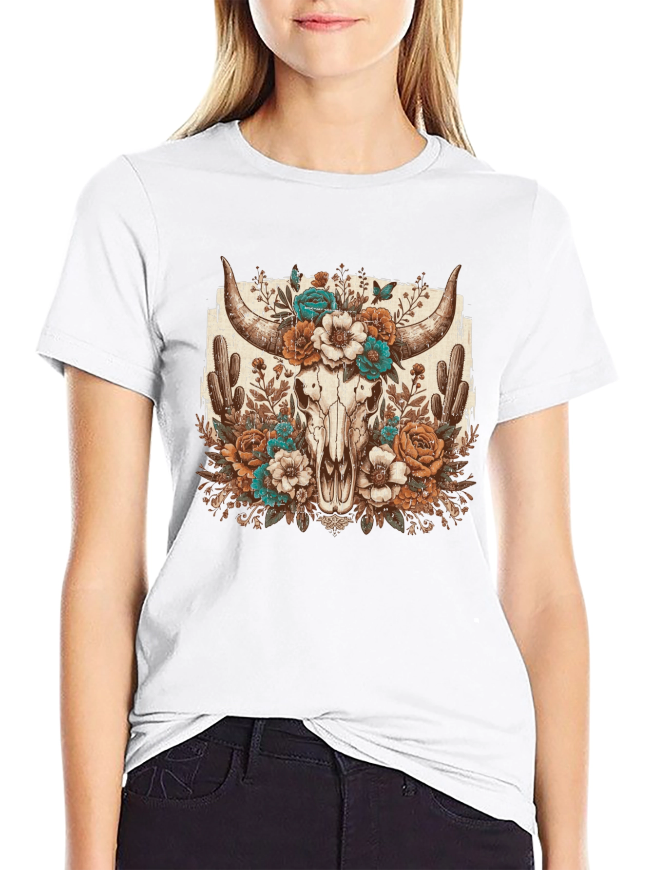 Floral Bull Skull Graphic Tee - Western Style