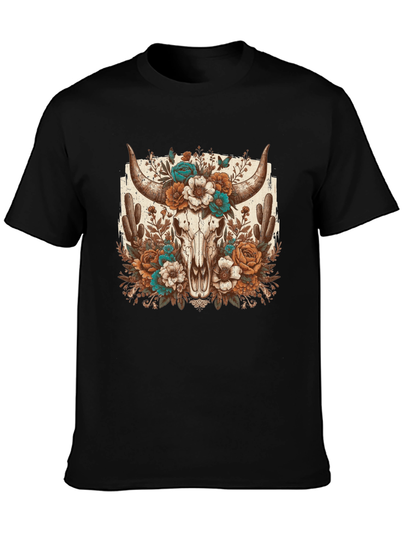 Floral Bull Skull Graphic Tee - Western Style