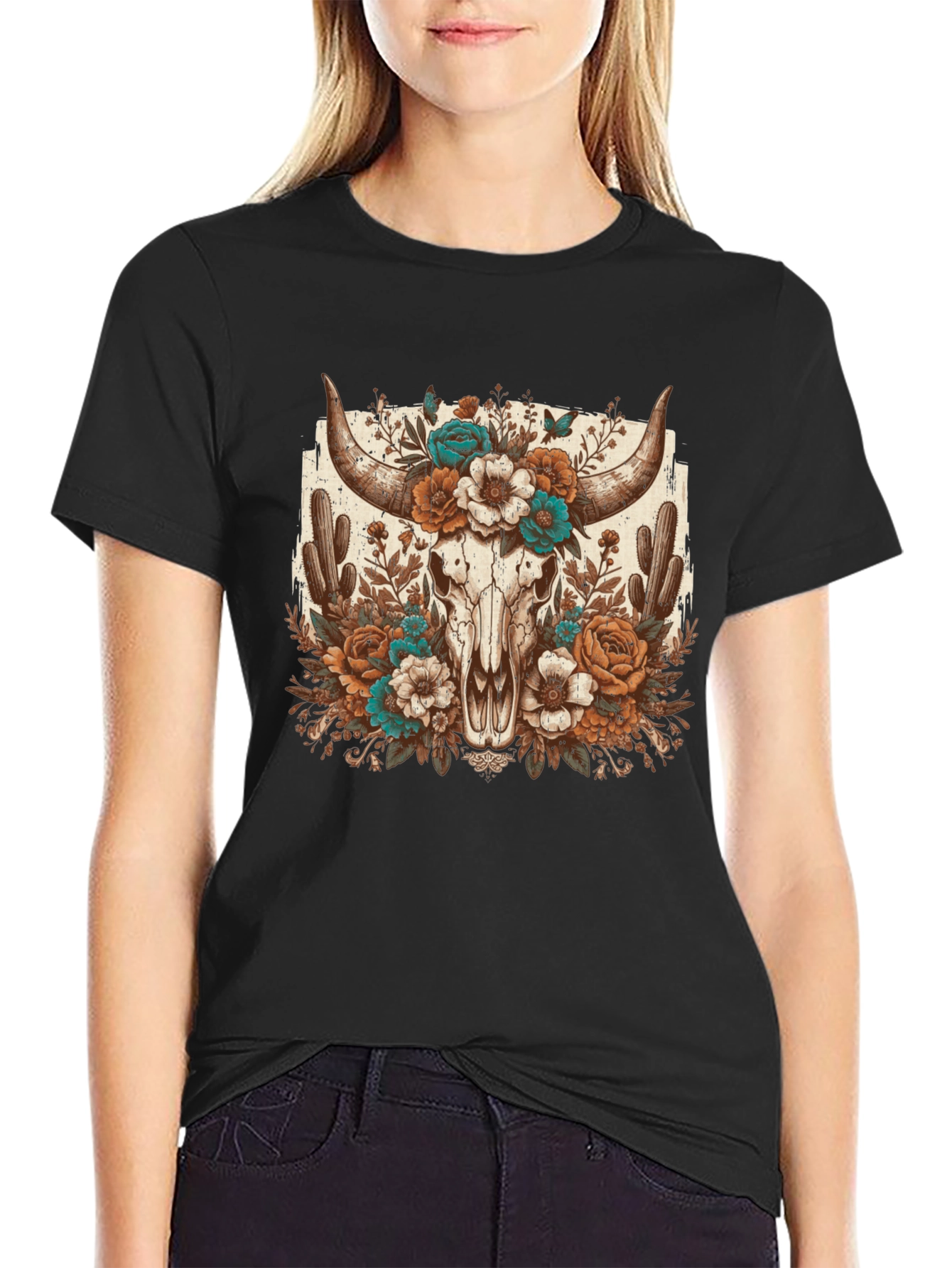 Floral Bull Skull Graphic Tee - Western Style