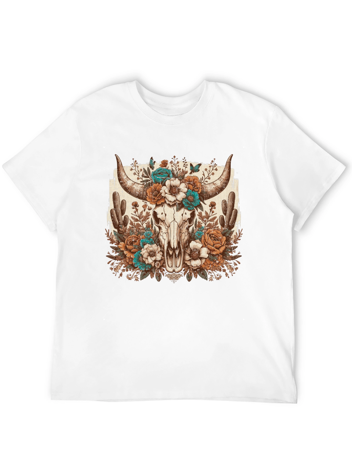 Floral Bull Skull Graphic Tee - Western Style