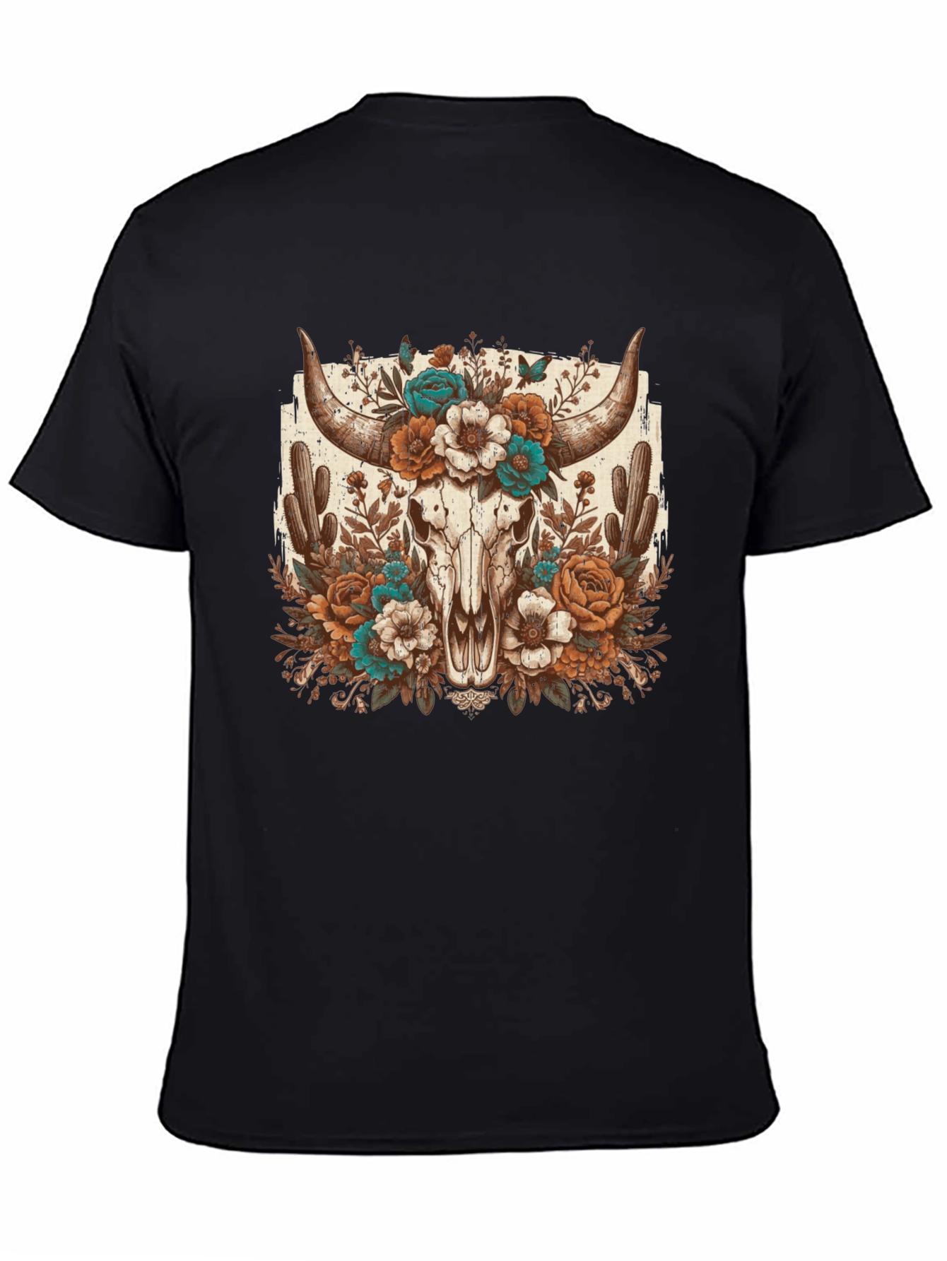 Floral Bull Skull Graphic Tee - Western Style