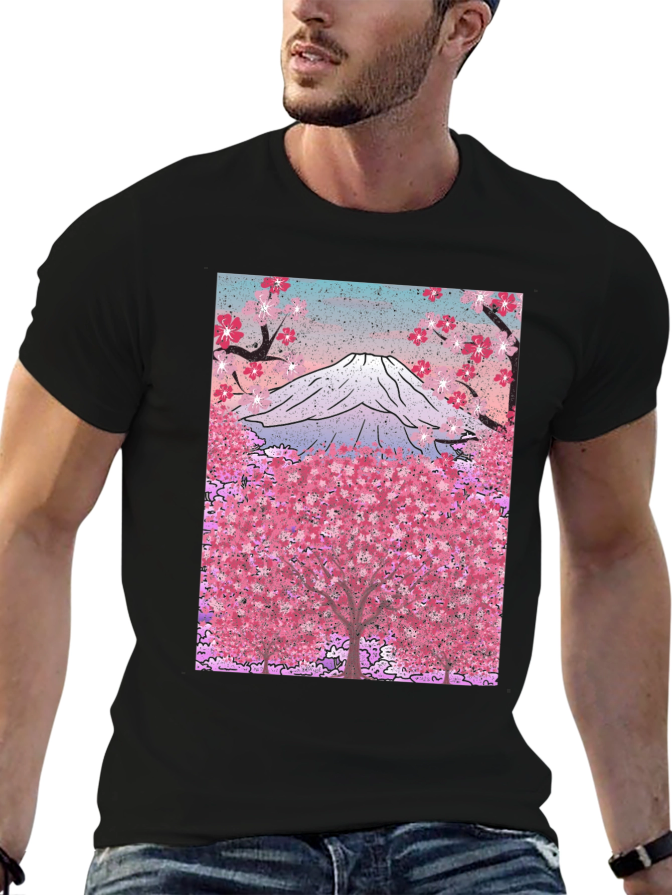 Mount Fuji Cherry Blossom Graphic Tee - Black