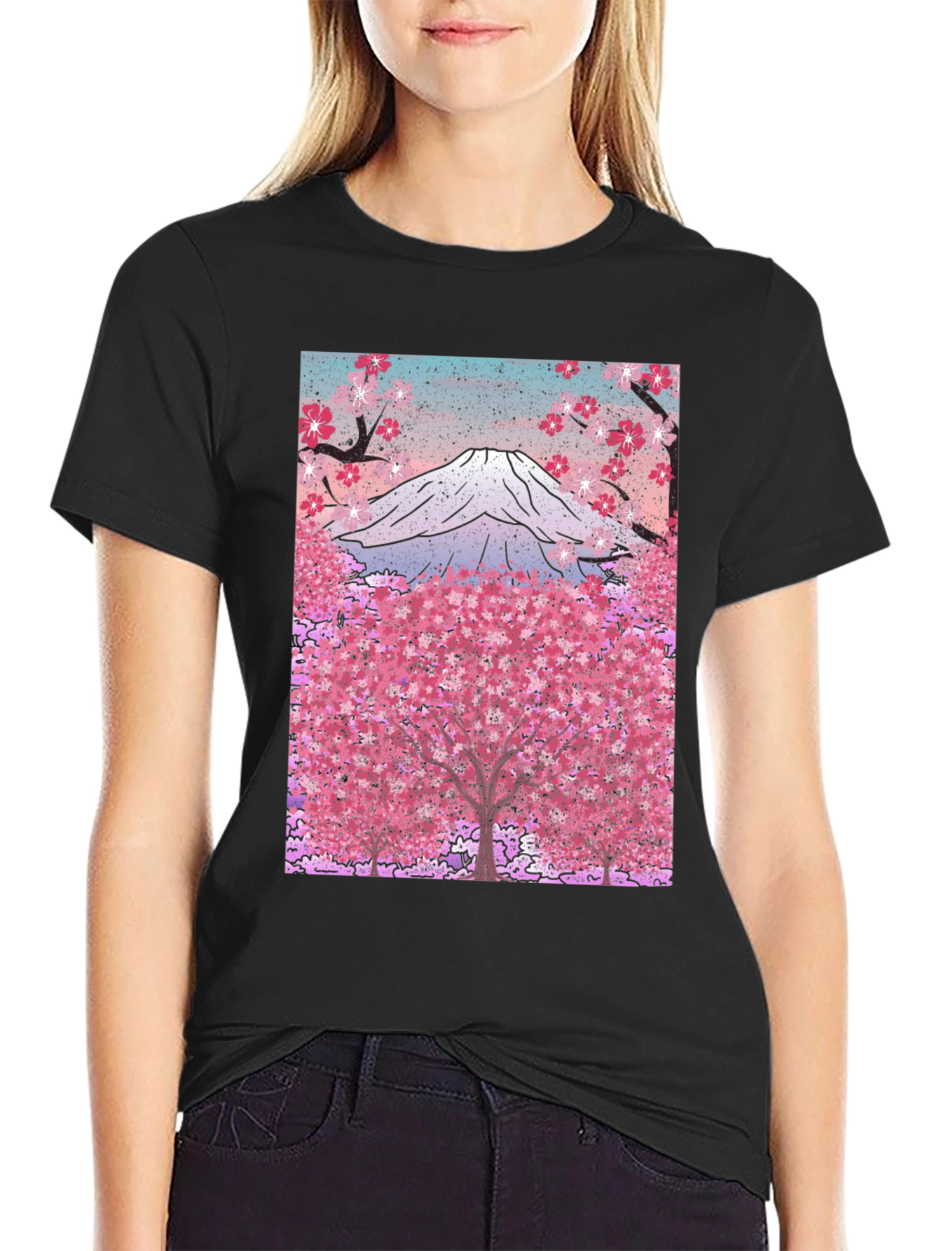 Mount Fuji Cherry Blossom Graphic Tee - Black