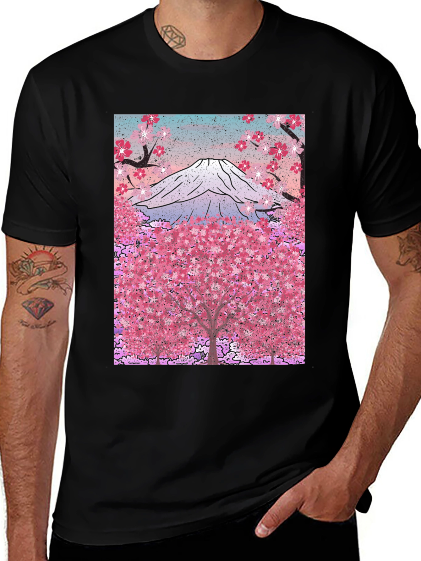 Mount Fuji Cherry Blossom Graphic Tee - Black