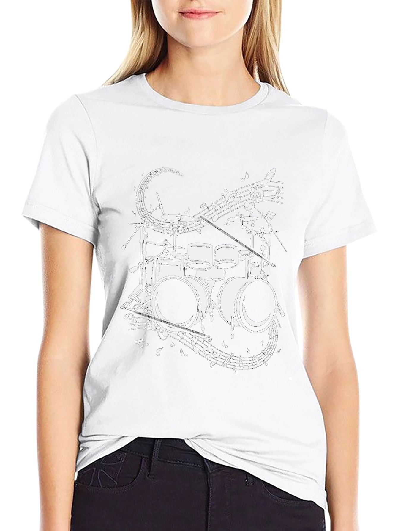 Drum Set & Music Notes Graphic Tee - Black