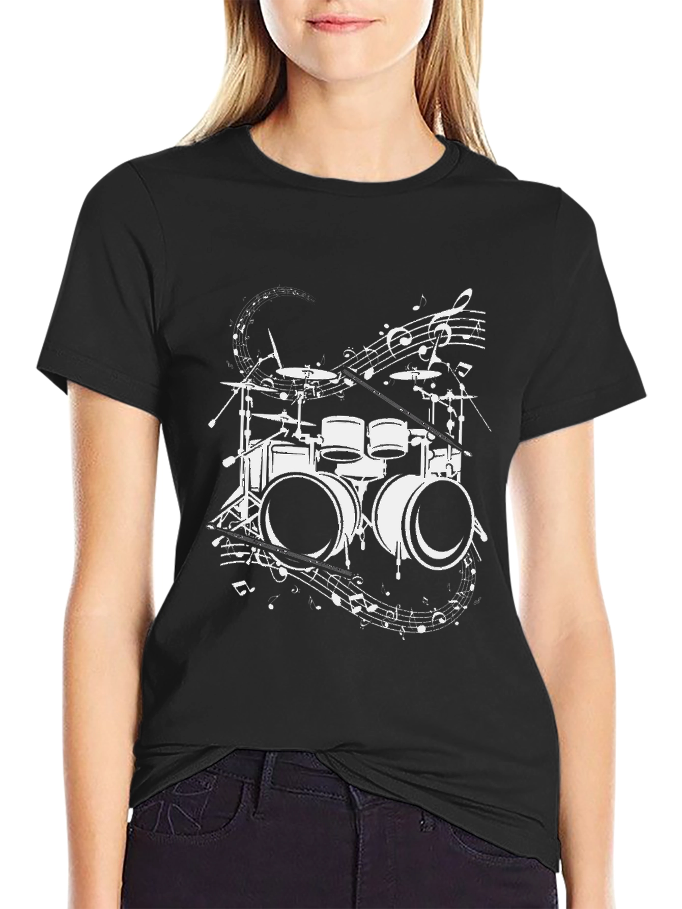 Drum Set & Music Notes Graphic Tee - Black