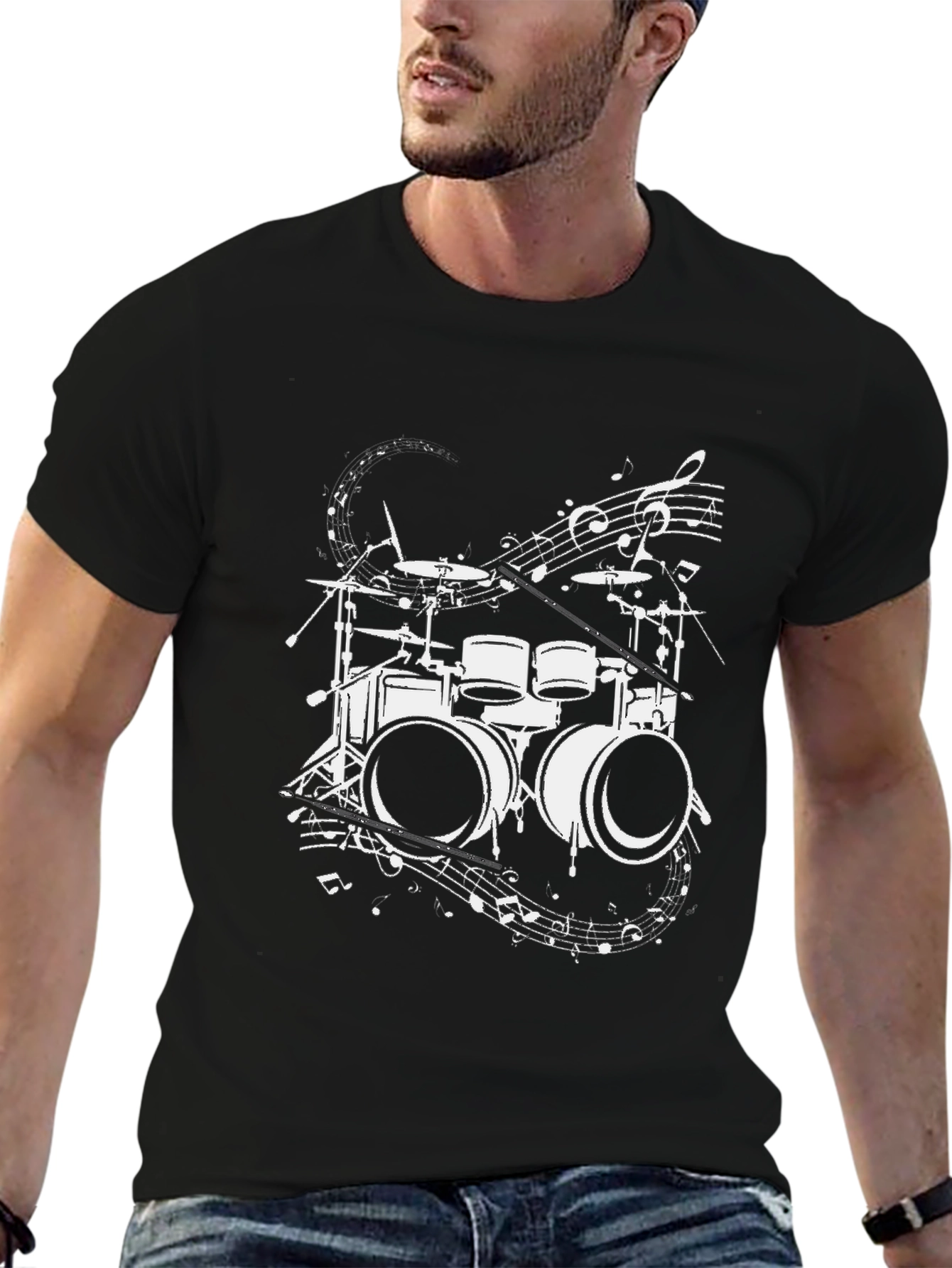 Drum Set & Music Notes Graphic Tee - Black