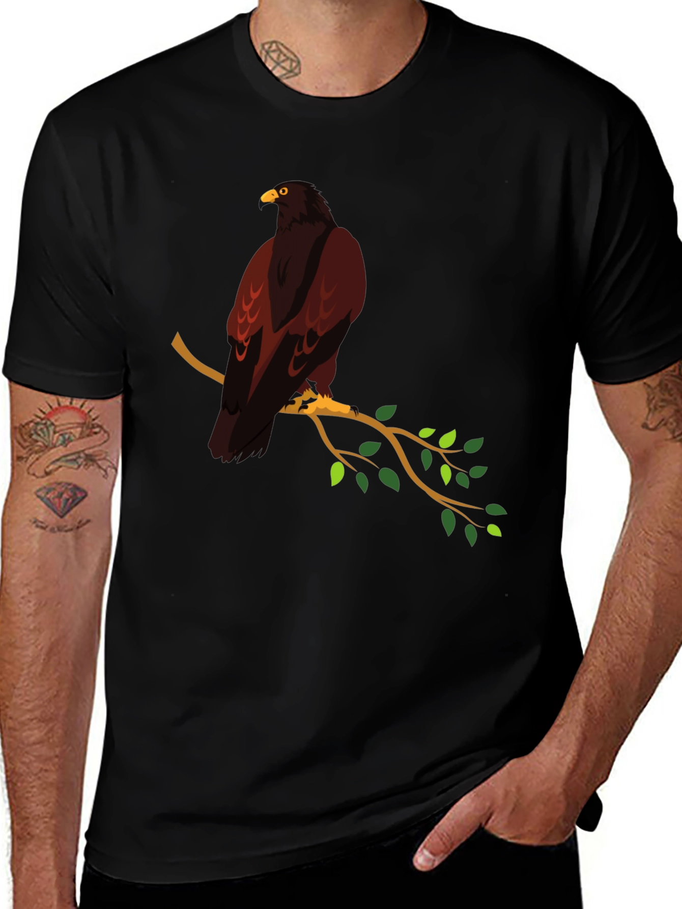 Eagle on Branch Graphic Tee - Stylish Mens Black T-Shirt