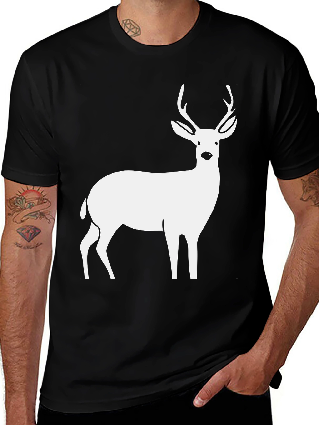 Deer Graphic Tee - Black Cotton Casual Style