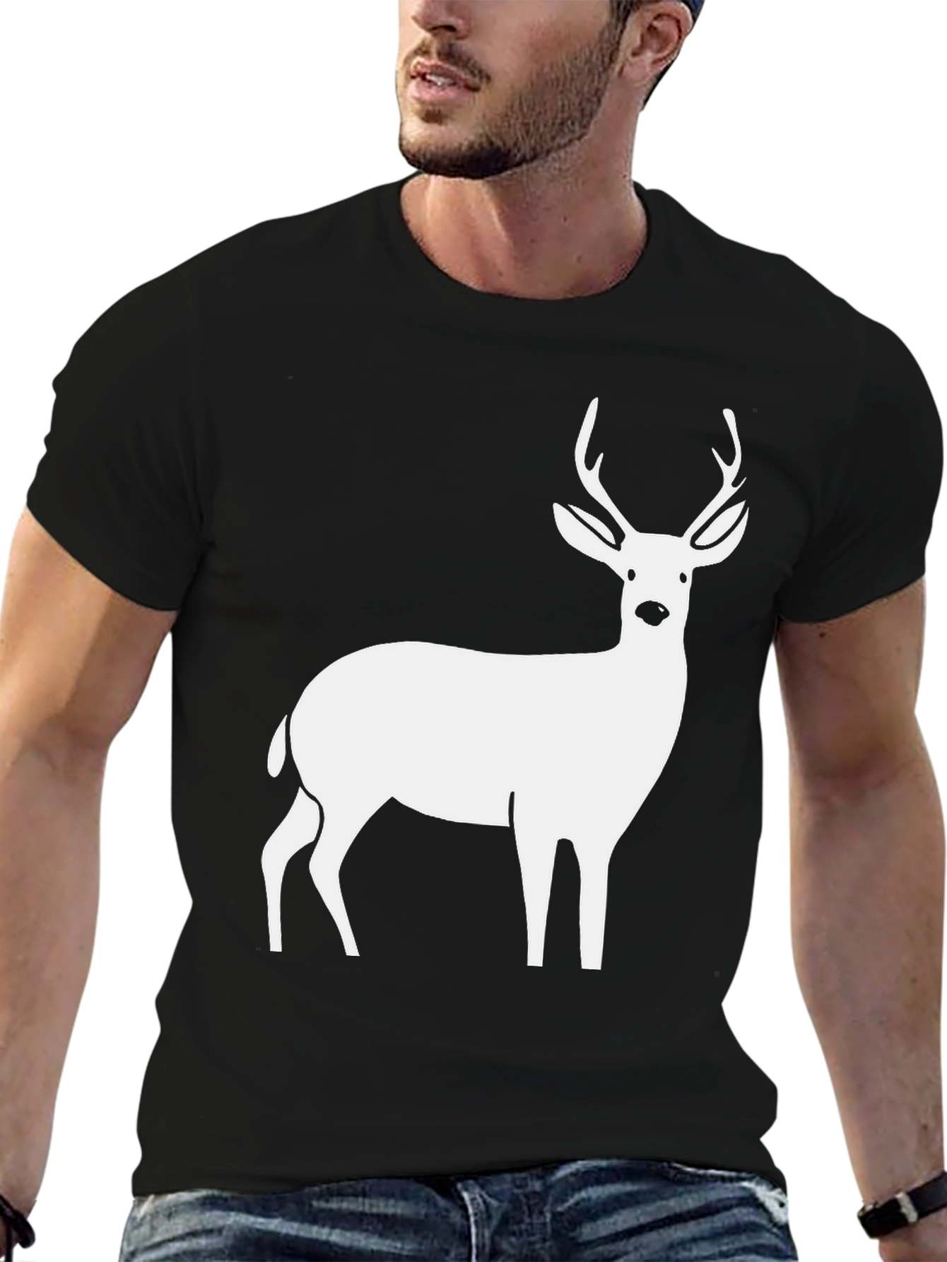 Deer Graphic Tee - Black Cotton Casual Style
