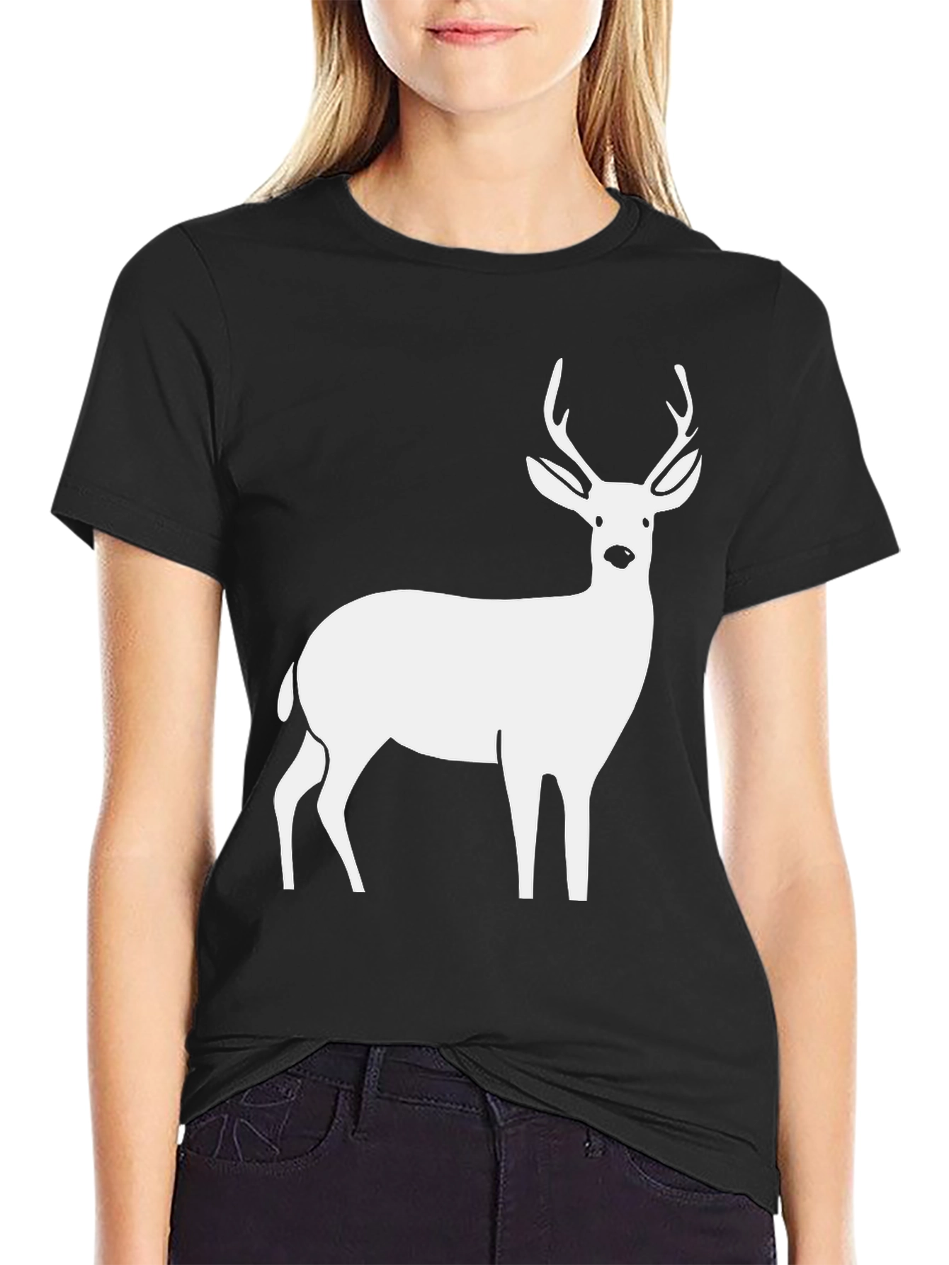 Deer Graphic Tee - Black Cotton Casual Style