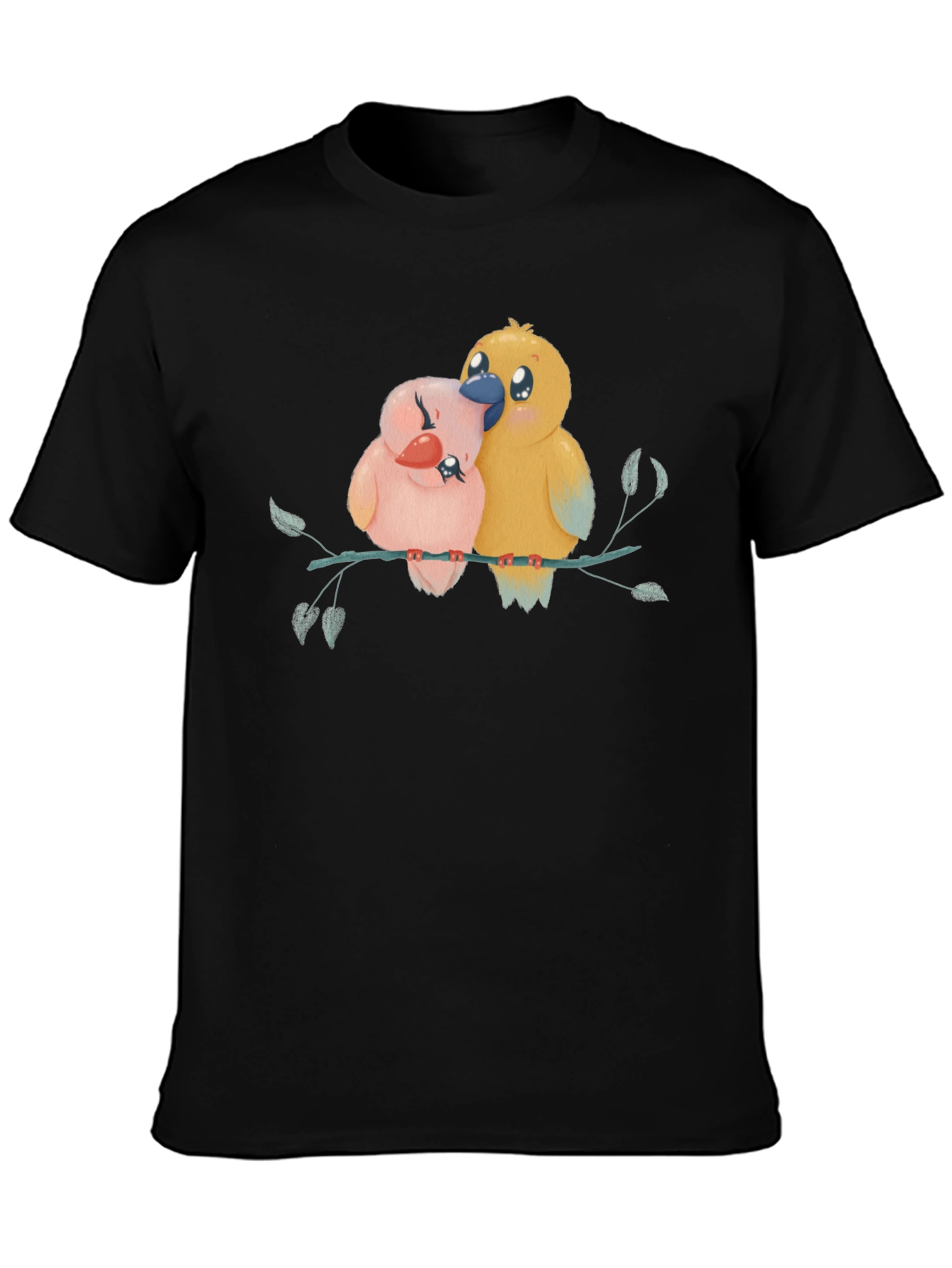 Cute Birds on Branch Graphic Tee - Black