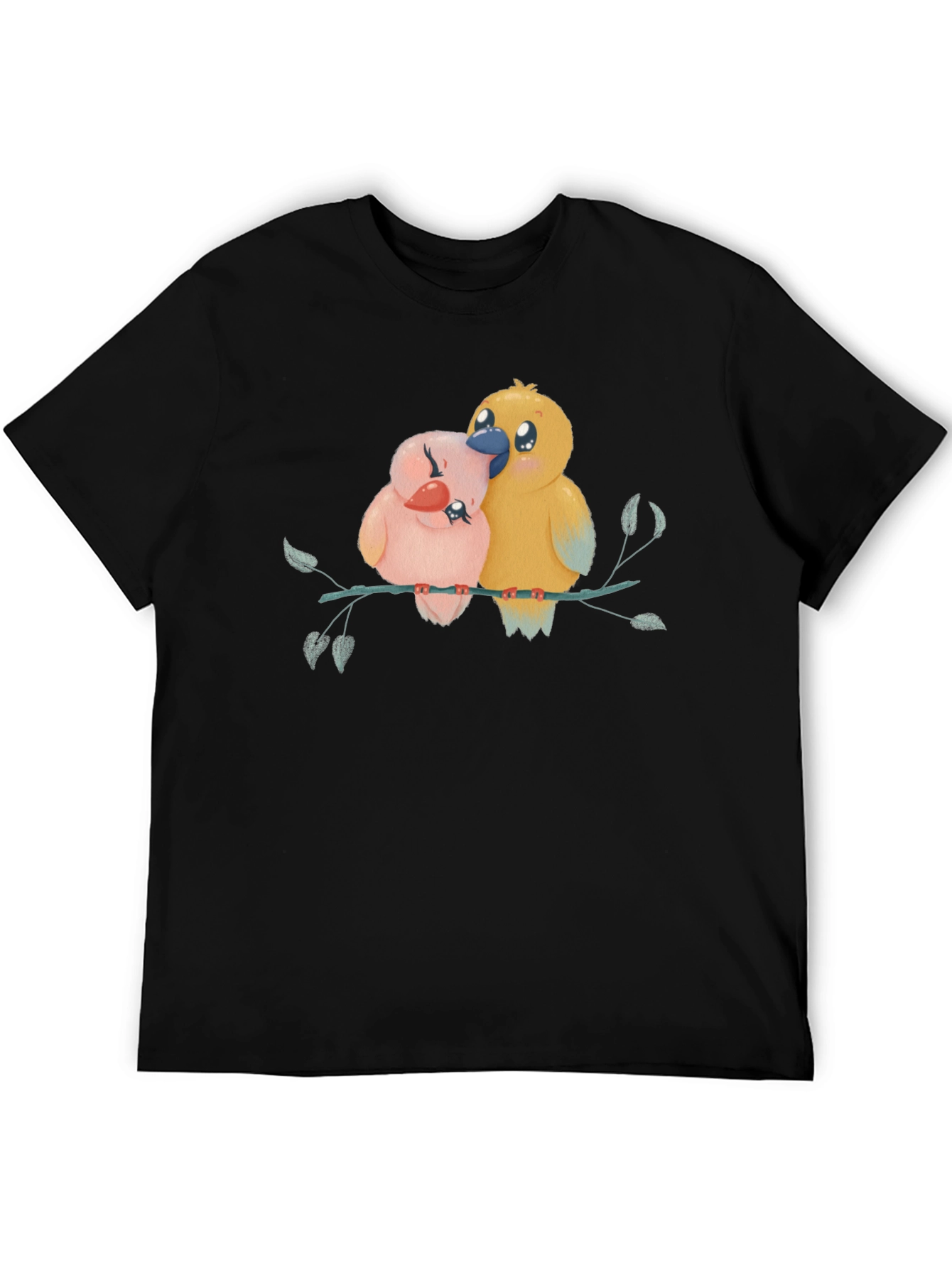 Cute Birds on Branch Graphic Tee - Black
