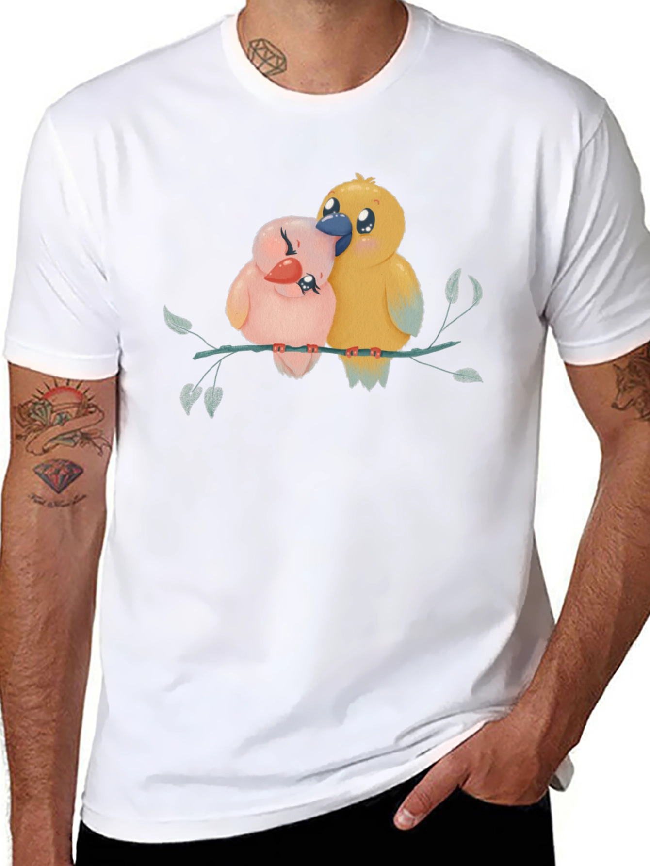 Cute Birds on Branch Graphic Tee - Black