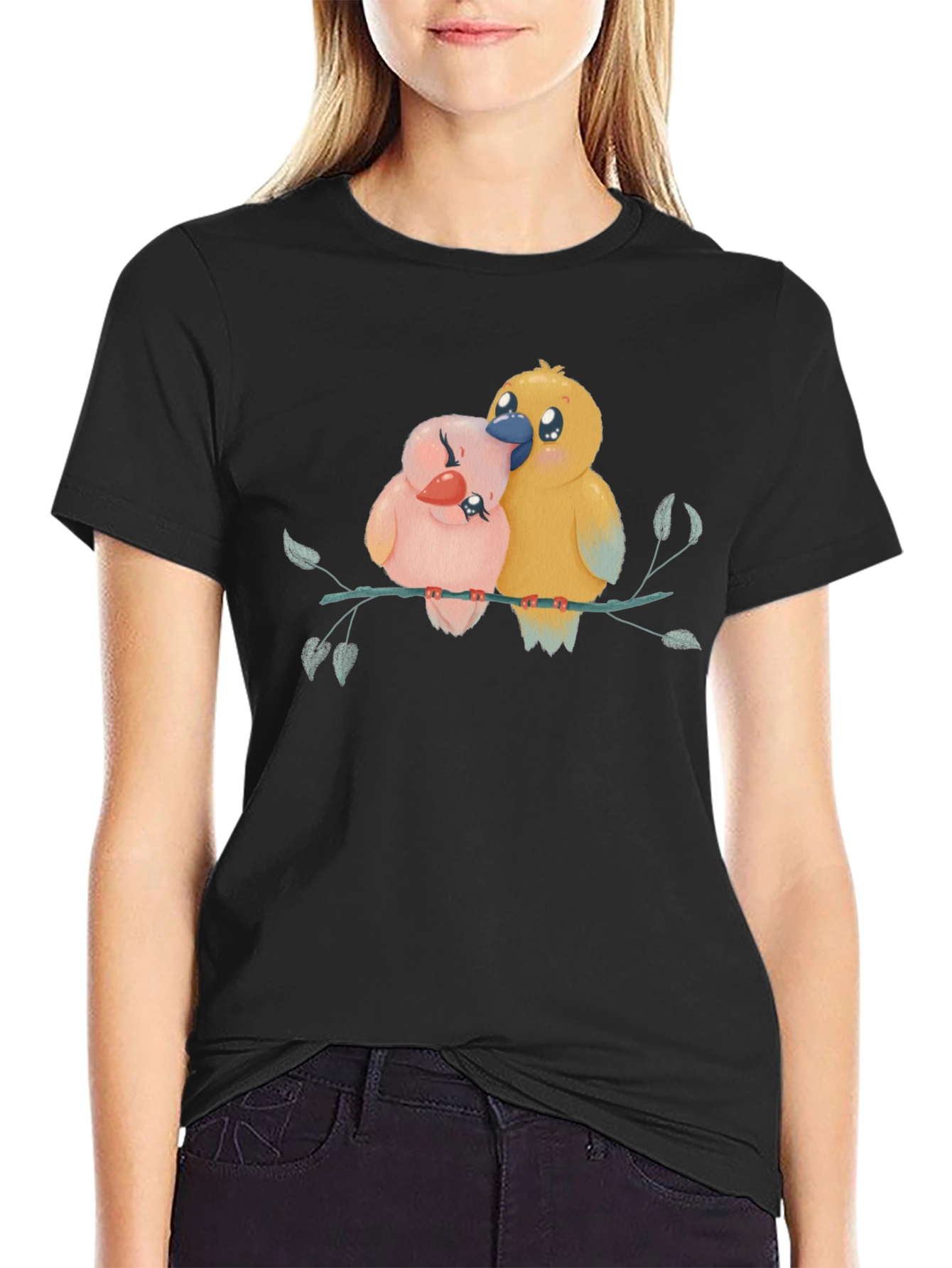 Cute Birds on Branch Graphic Tee - Black