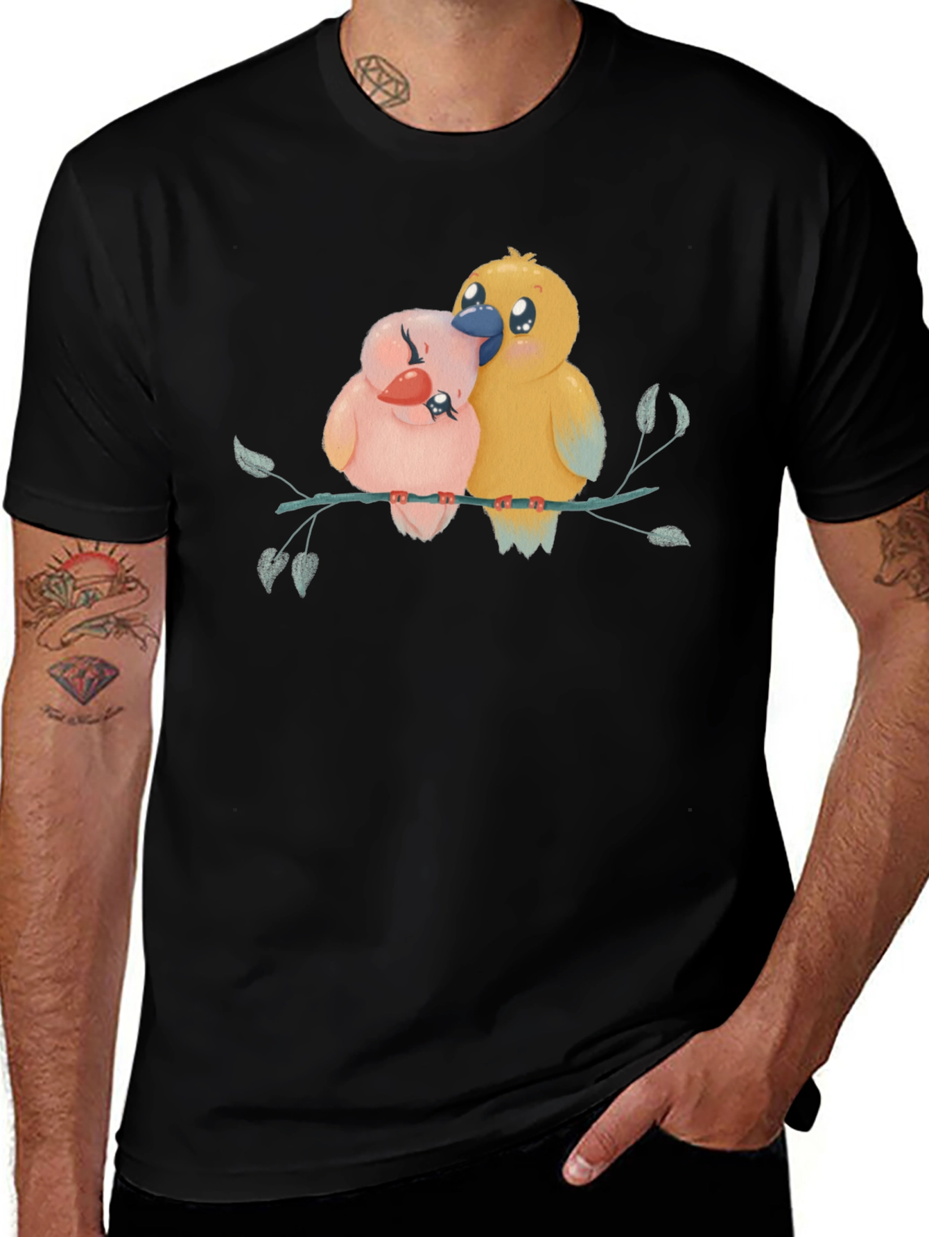 Cute Birds on Branch Graphic Tee - Black