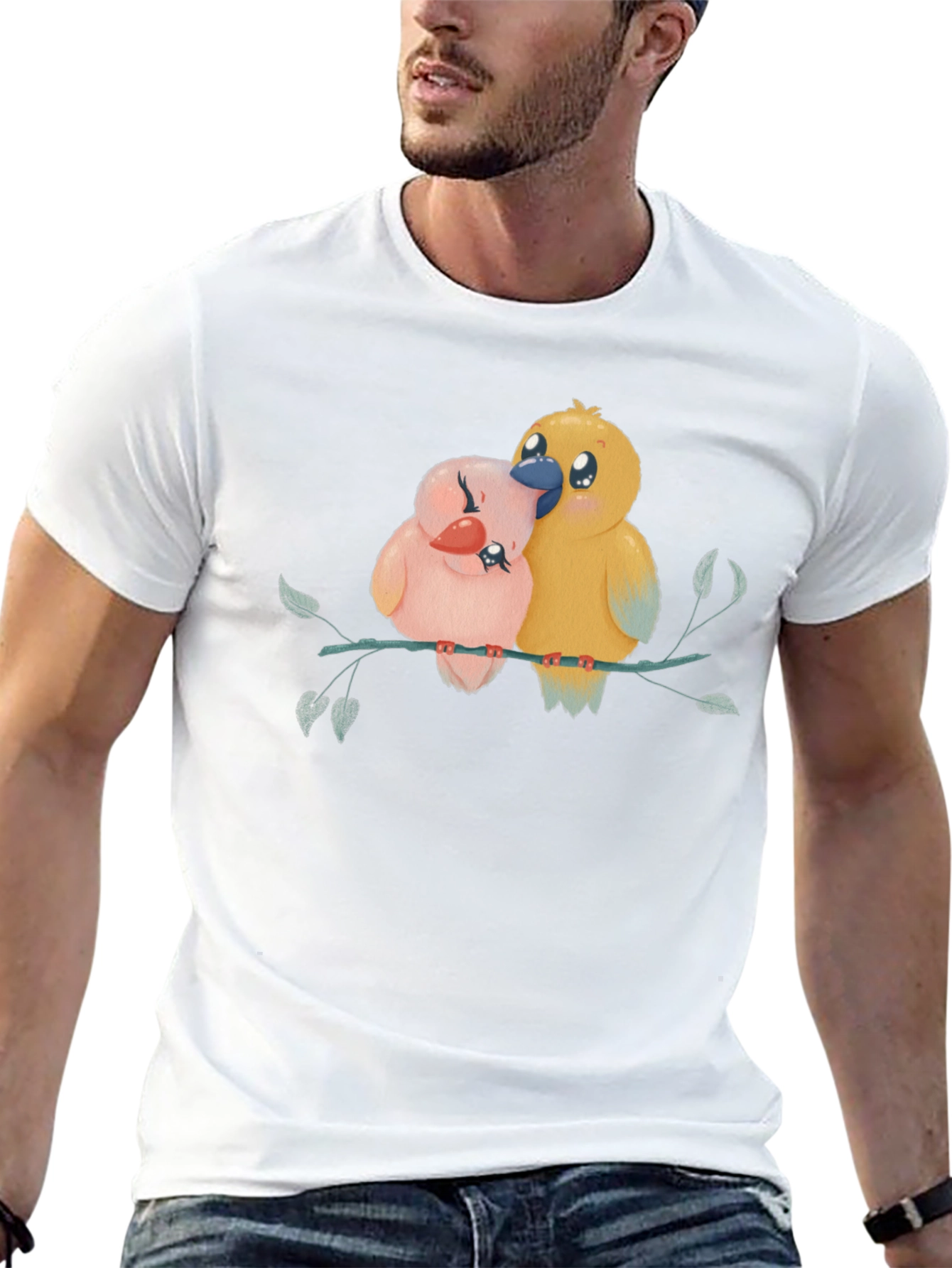 Cute Birds on Branch Graphic Tee - Black