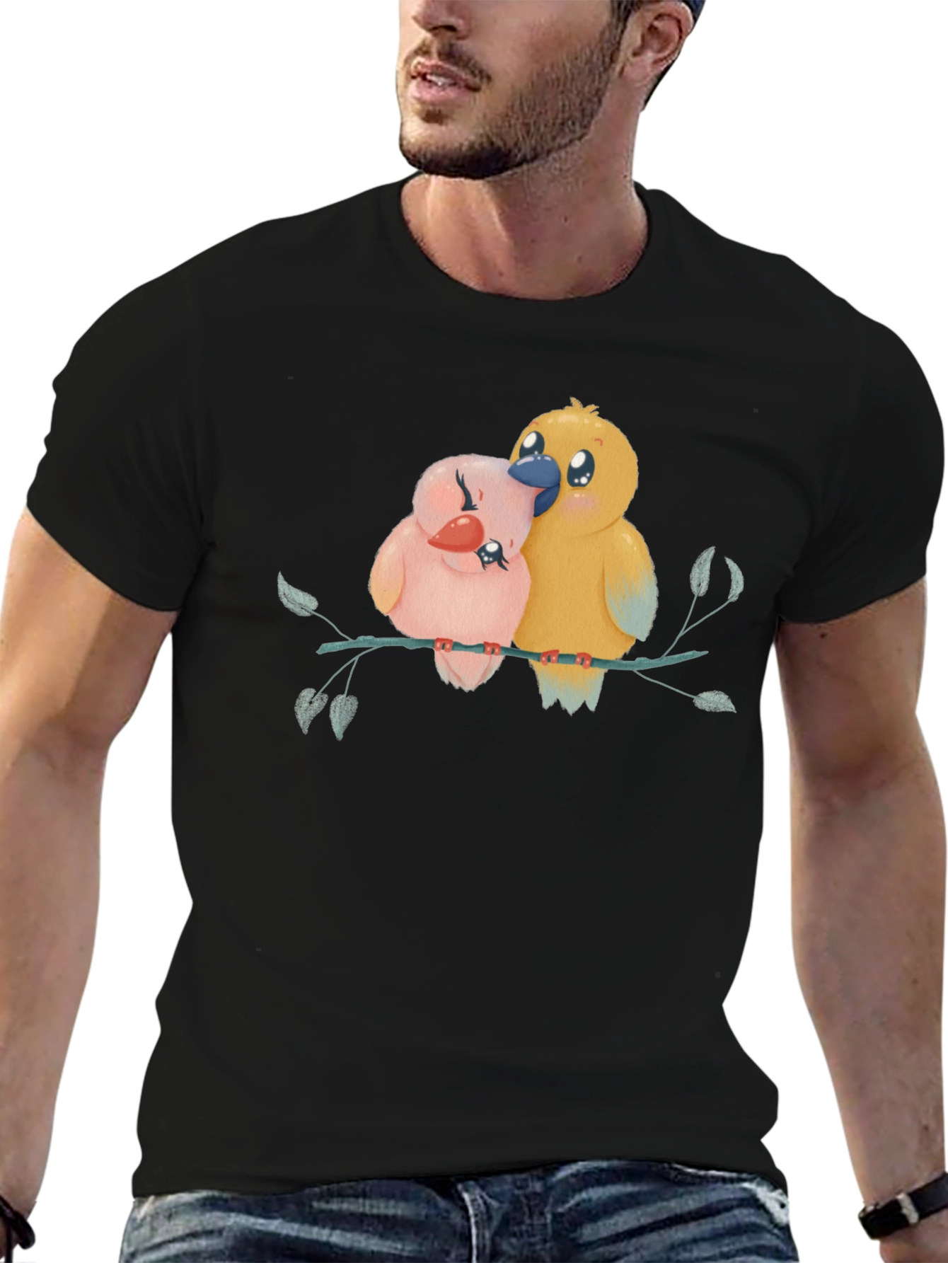 Cute Birds on Branch Graphic Tee - Black